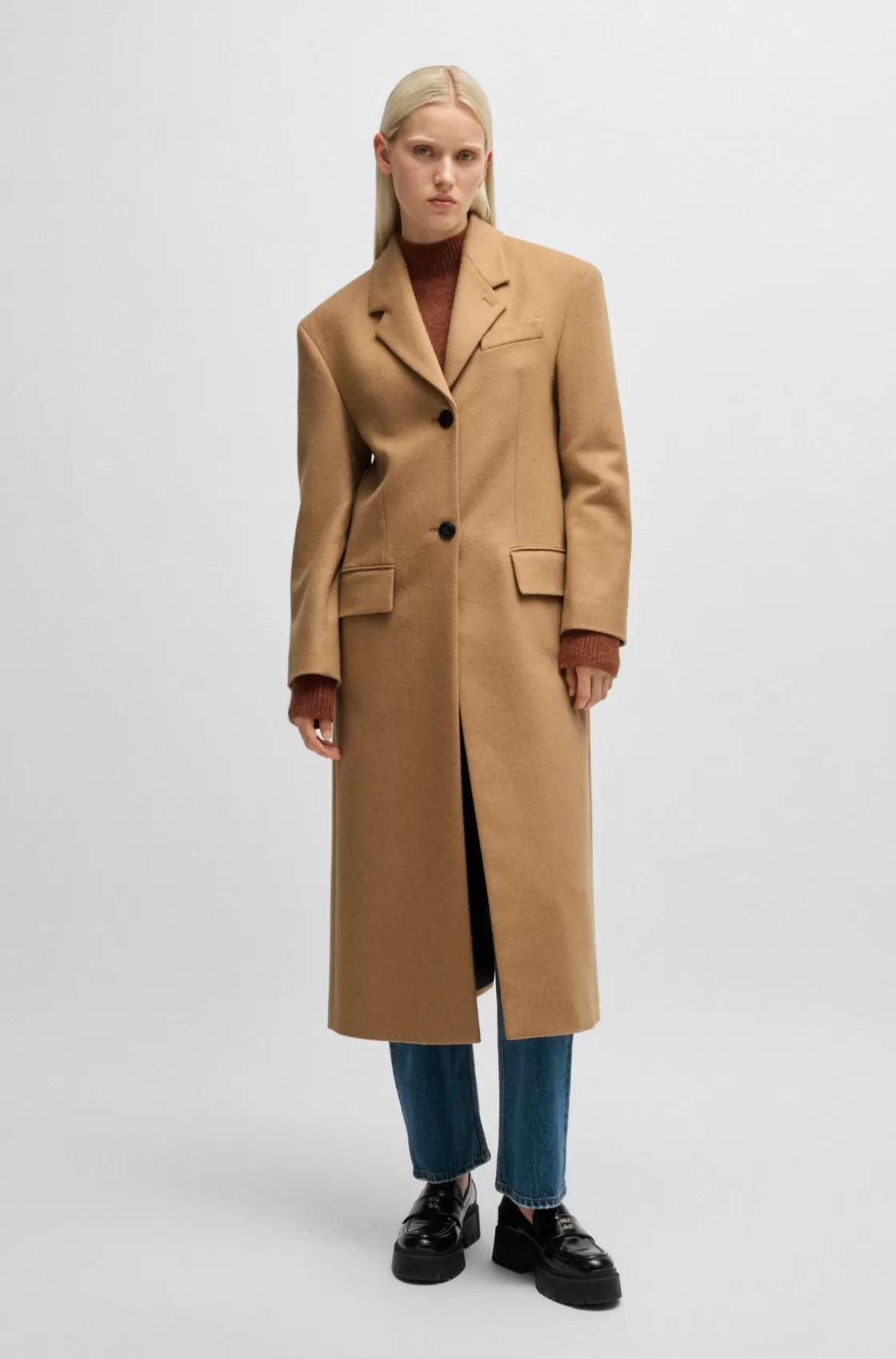 HUGO BOSS Oversize-fit Coat With Signature Lining In Wool Light Brown Store