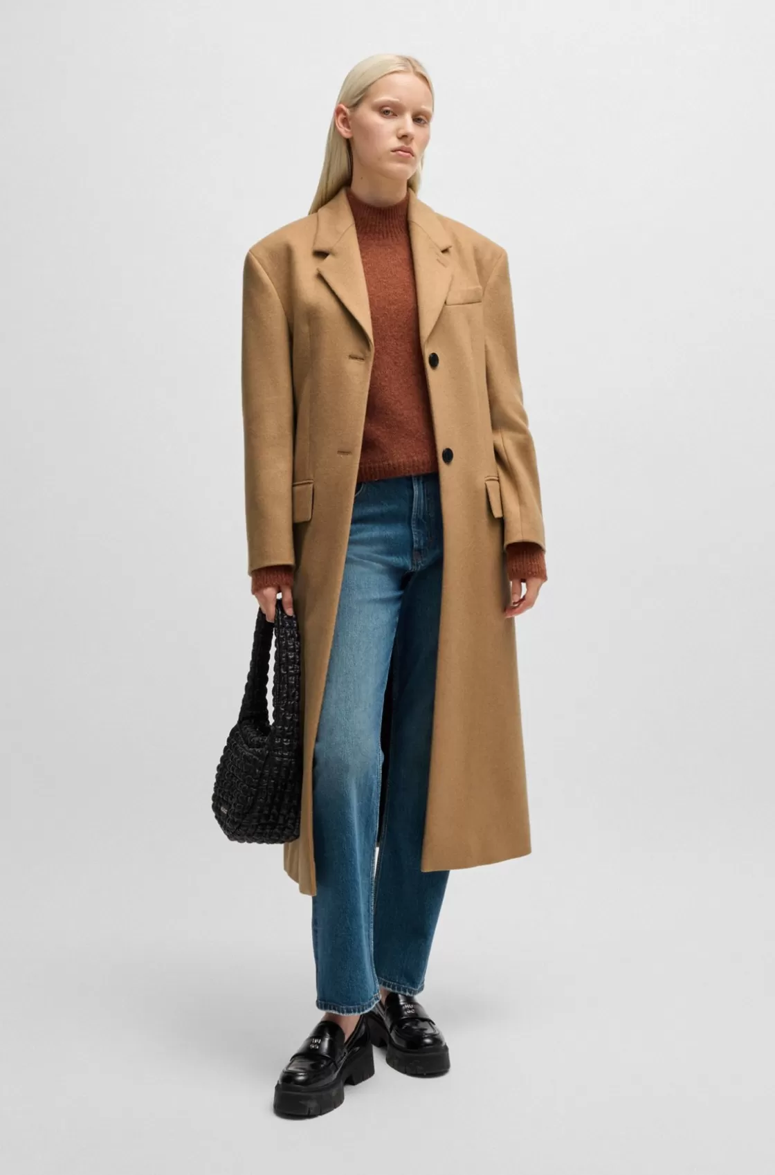 HUGO BOSS Oversize-fit Coat With Signature Lining In Wool Light Brown Store