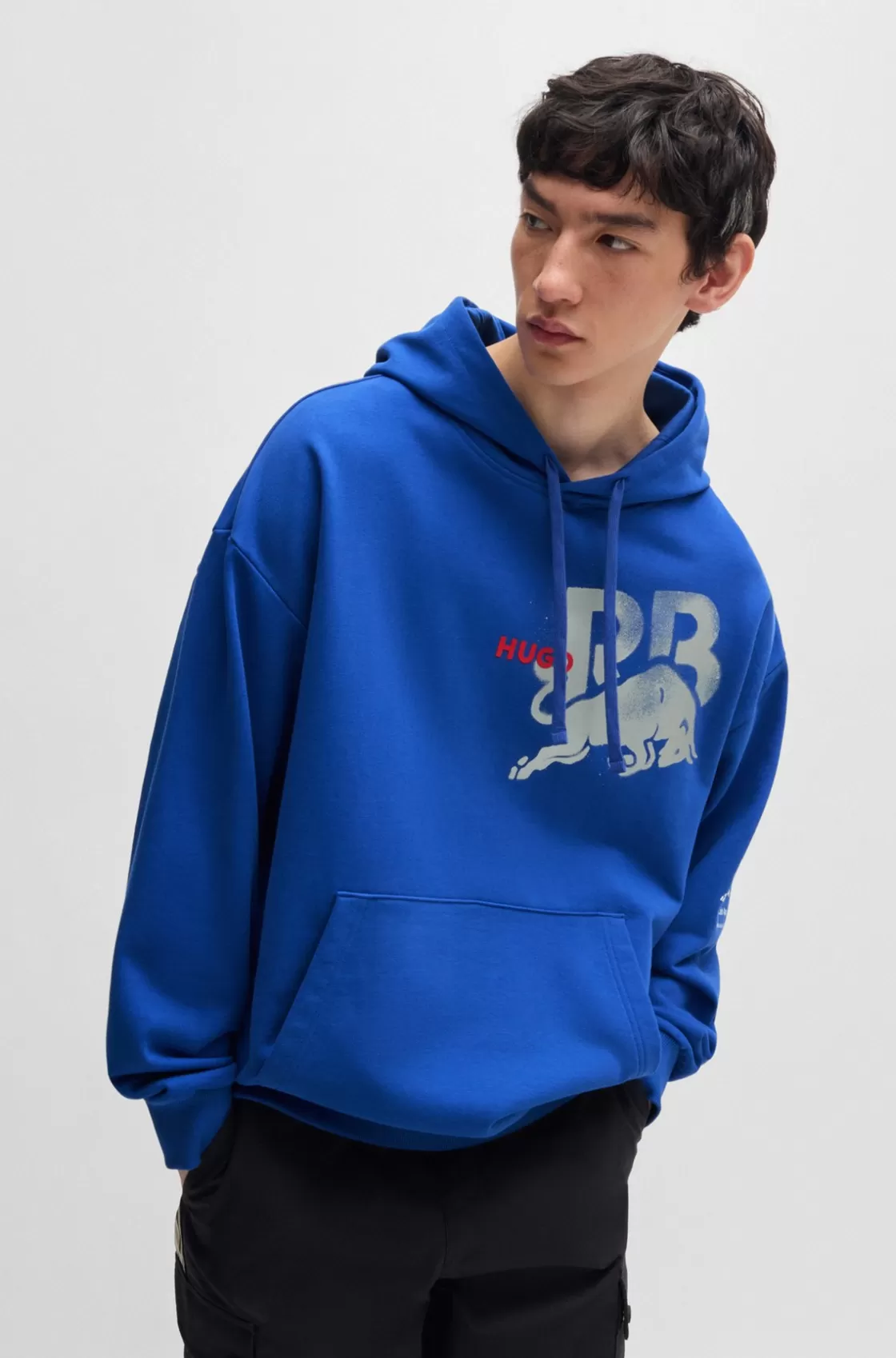 HUGO BOSS Oversize-fit Cotton Fanwear Hoodie With Special Branding Blue Online