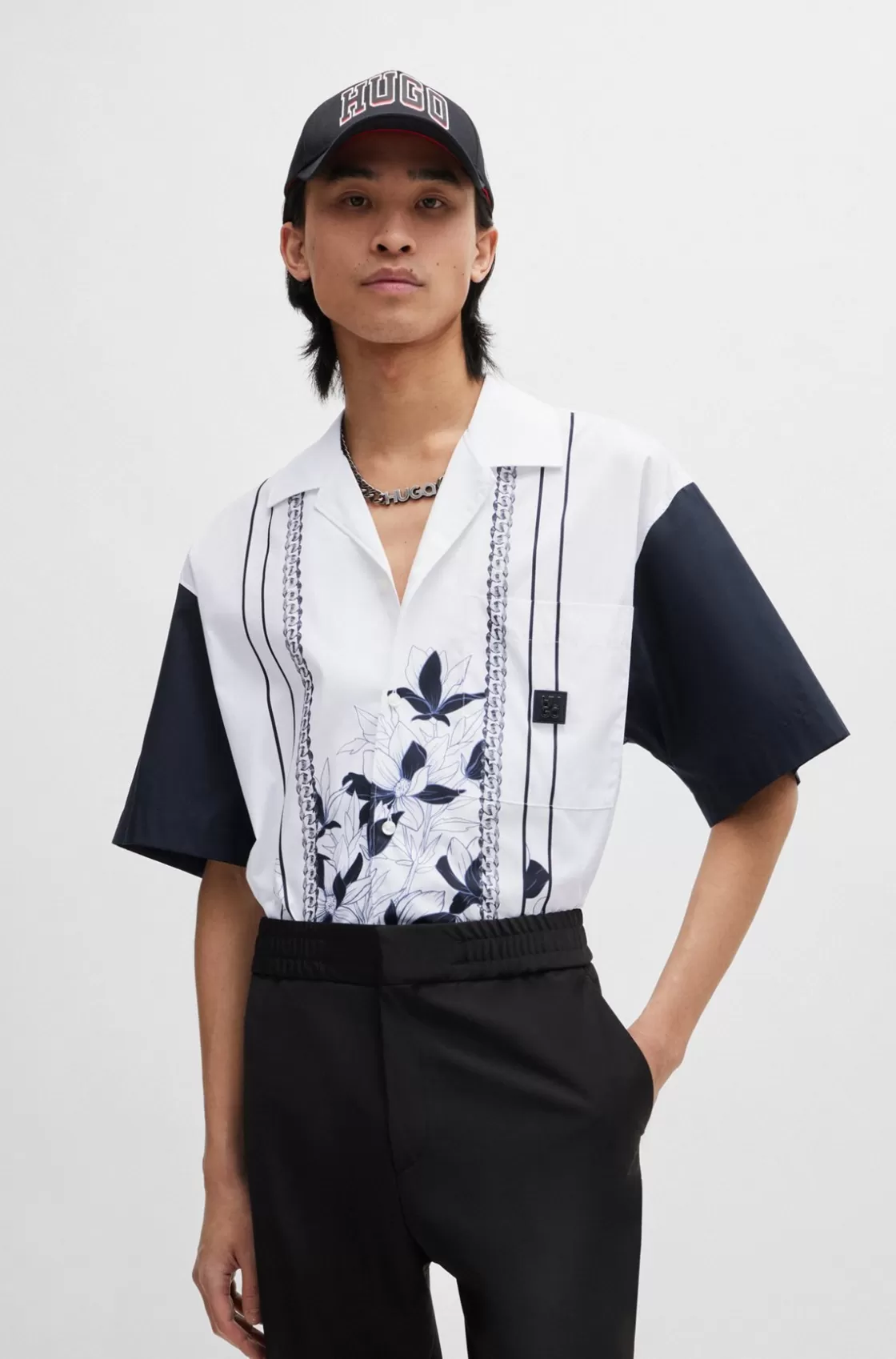HUGO BOSS Oversize-fit Cotton Shirt With Floral And Chain Print White Cheap