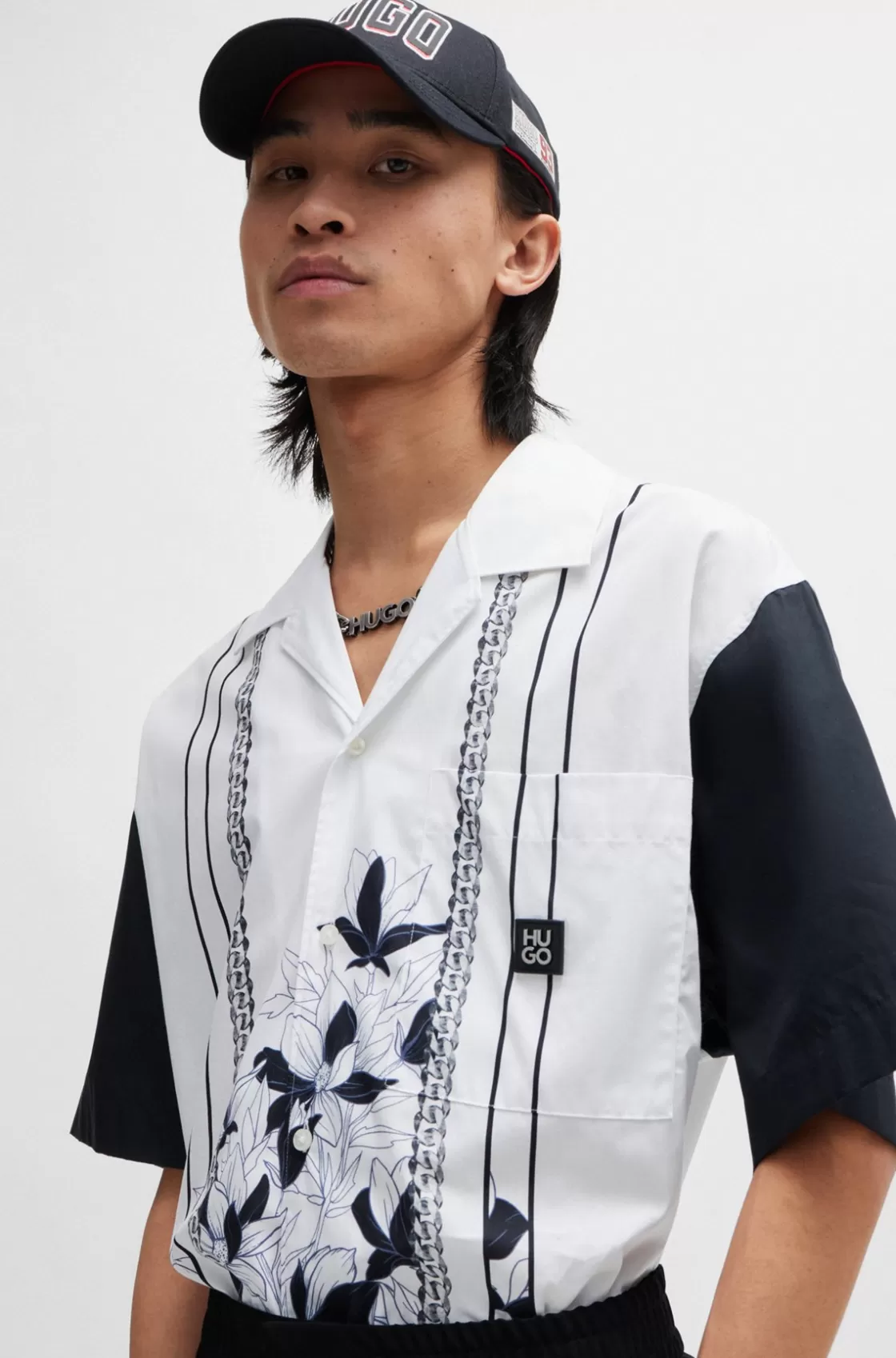 HUGO BOSS Oversize-fit Cotton Shirt With Floral And Chain Print White Cheap