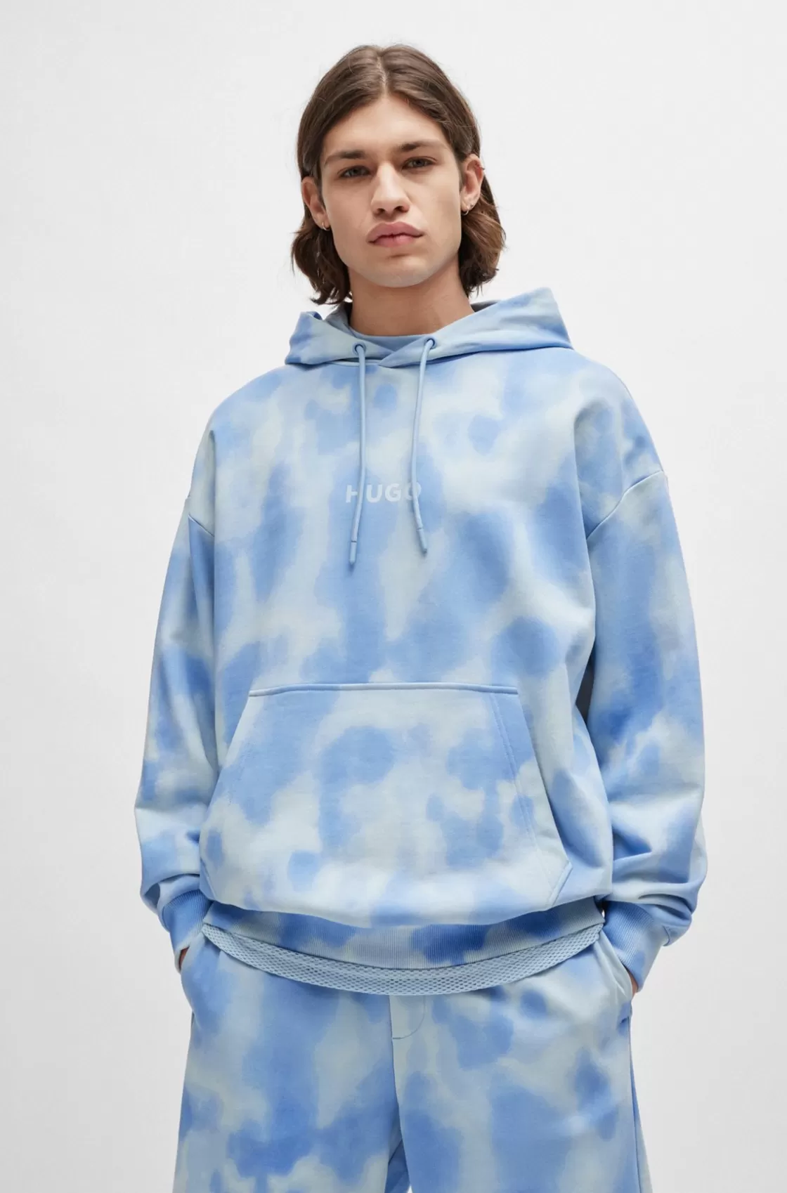 HUGO BOSS Oversize-fit Hoodie In Cotton With Seasonal Print Light Blue Cheap