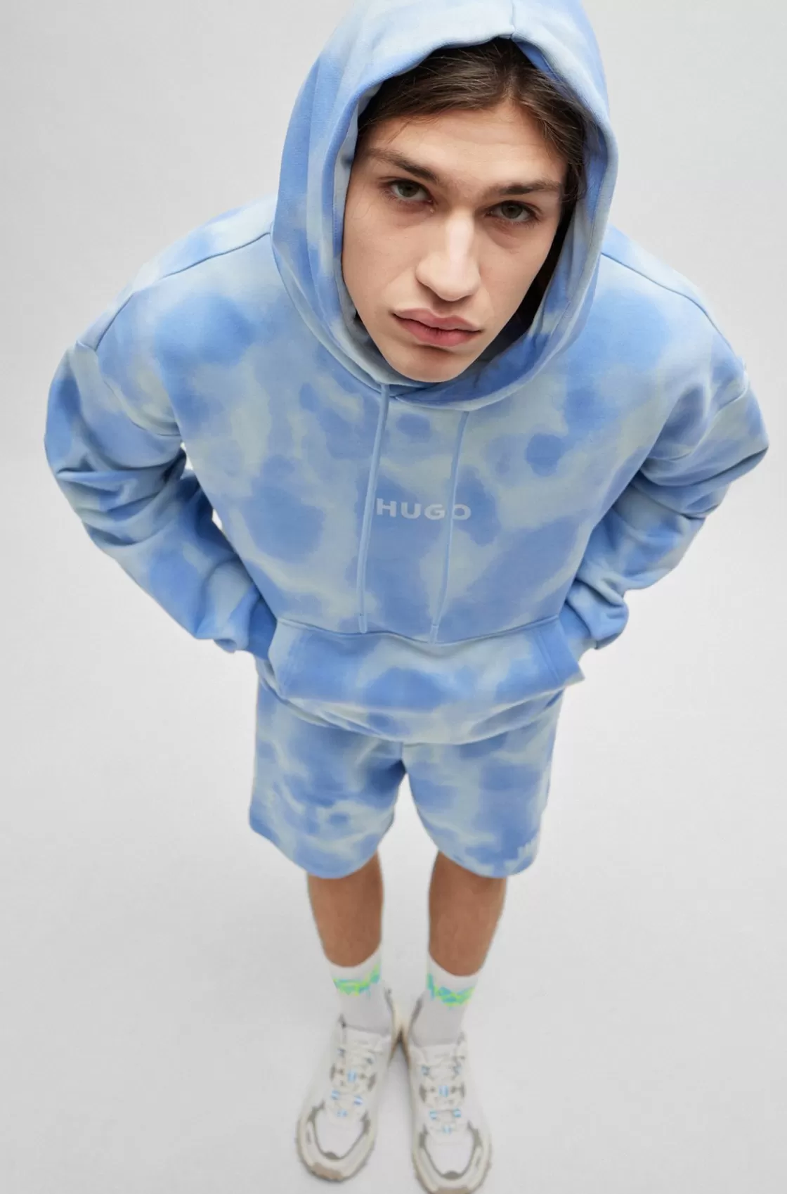 HUGO BOSS Oversize-fit Hoodie In Cotton With Seasonal Print Light Blue Cheap