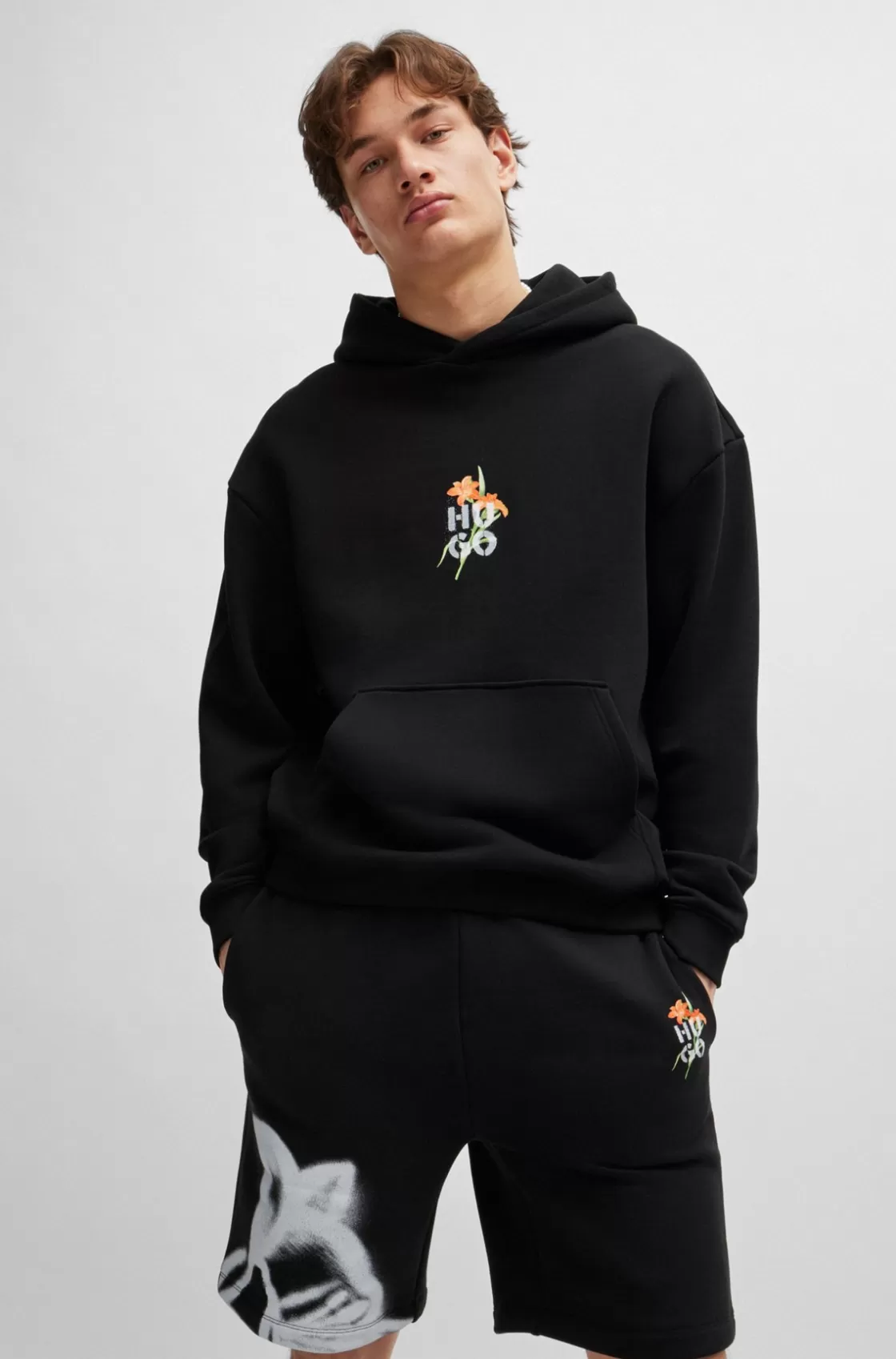 HUGO BOSS Oversize-fit Hoodie With Floral Artwork Black Best Sale