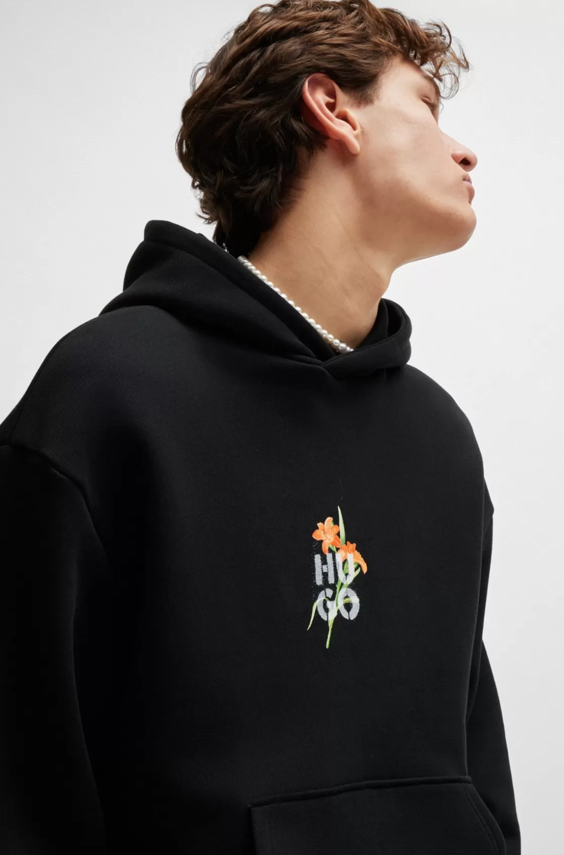 HUGO BOSS Oversize-fit Hoodie With Floral Artwork Black Best Sale
