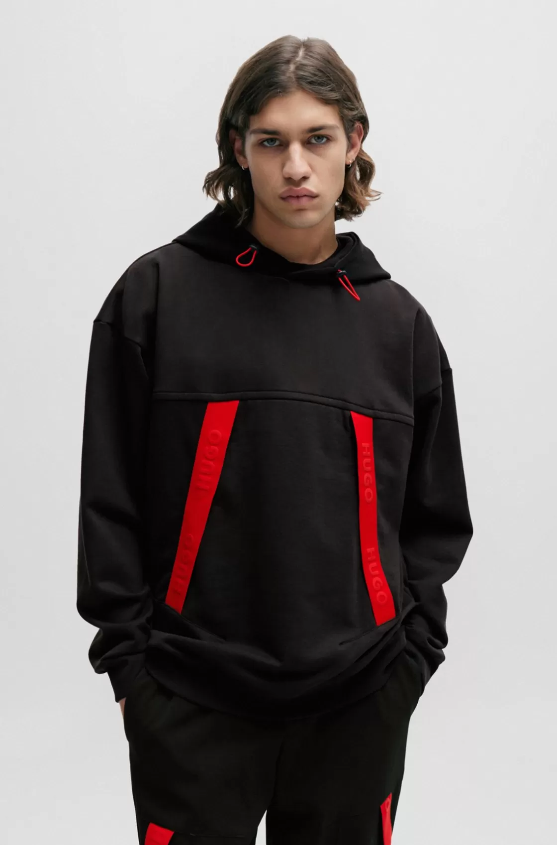 HUGO BOSS Oversize-fit Hoodie With Red Logo Tape Black New