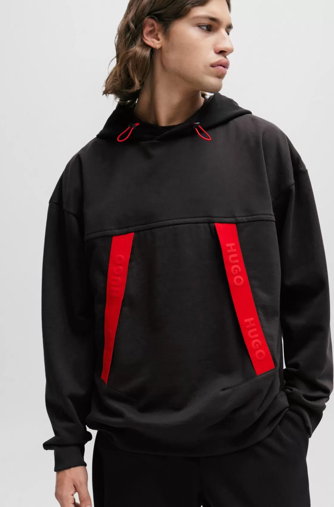 HUGO BOSS Oversize-fit Hoodie With Red Logo Tape Black New