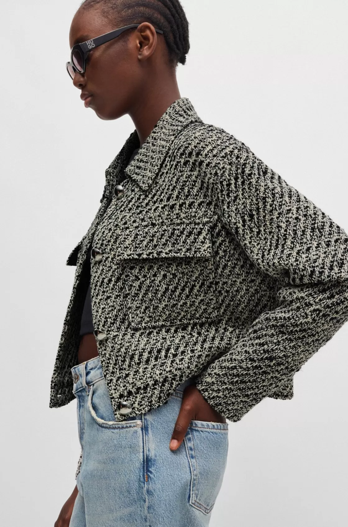 HUGO BOSS Oversize-fit Jacket In Bouclé With Cropped Length Patterned Shop