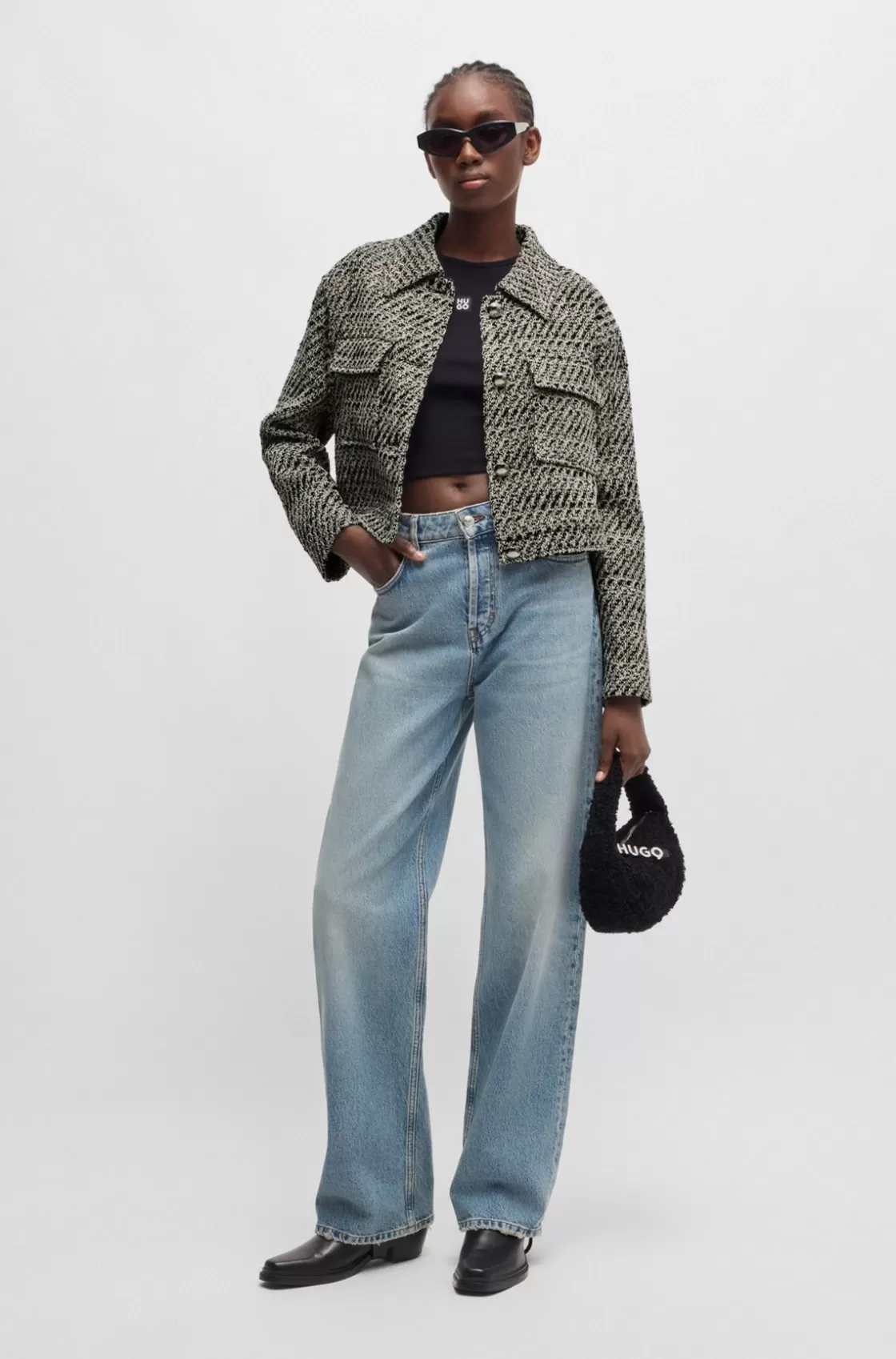 HUGO BOSS Oversize-fit Jacket In Bouclé With Cropped Length Patterned Shop