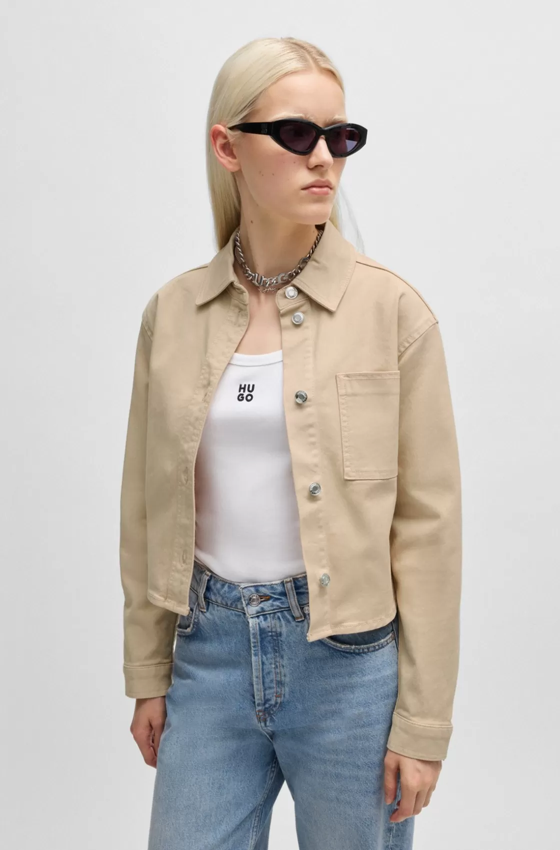 HUGO BOSS Oversize-fit Jacket In Stretch-cotton Twill Light Beige Cheap