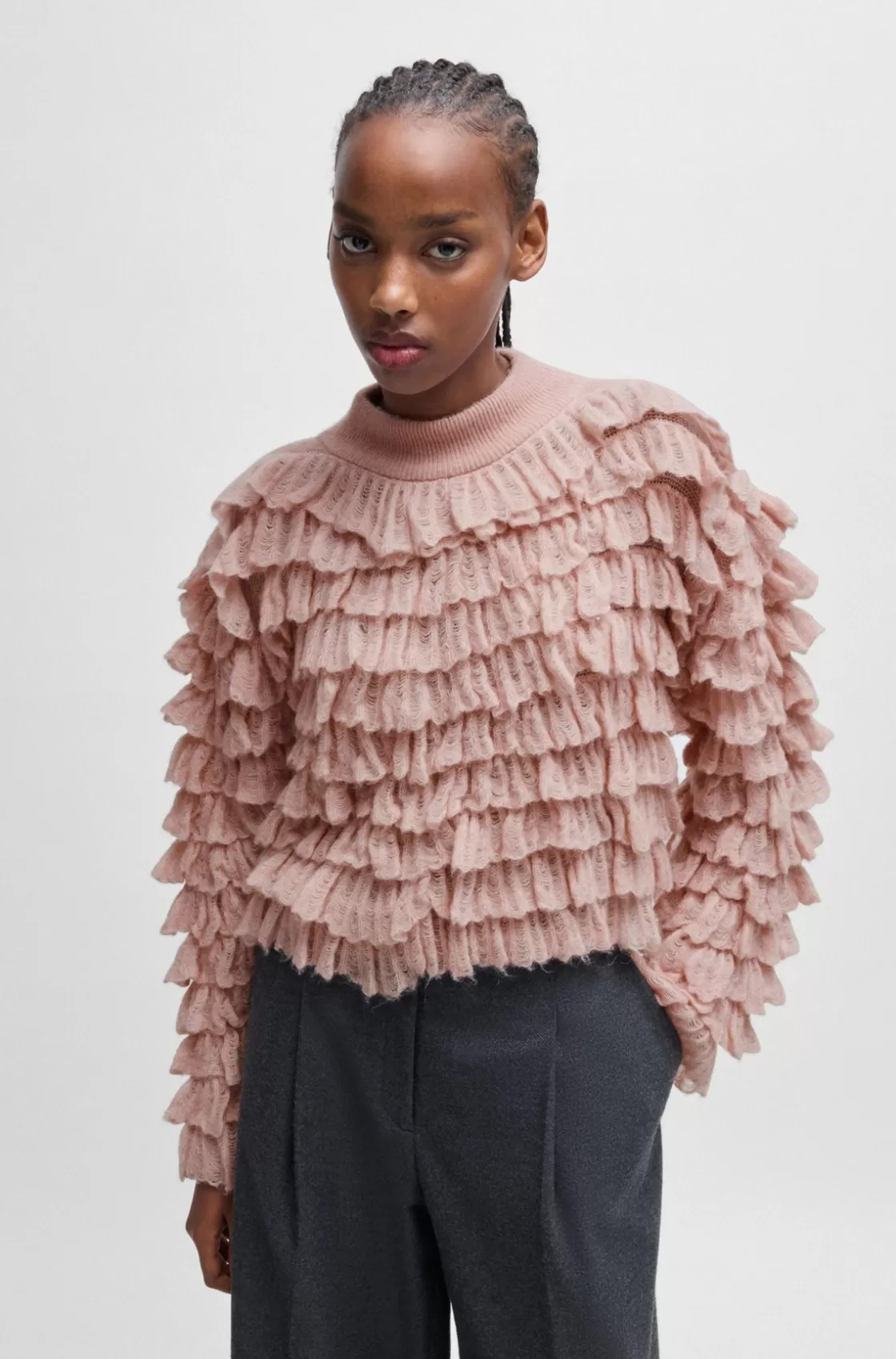 HUGO BOSS Oversize-fit Mock-neck Sweater With Frilled Structure light pink Flash Sale