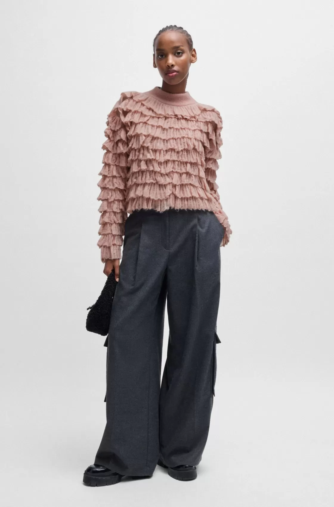 HUGO BOSS Oversize-fit Mock-neck Sweater With Frilled Structure light pink Flash Sale