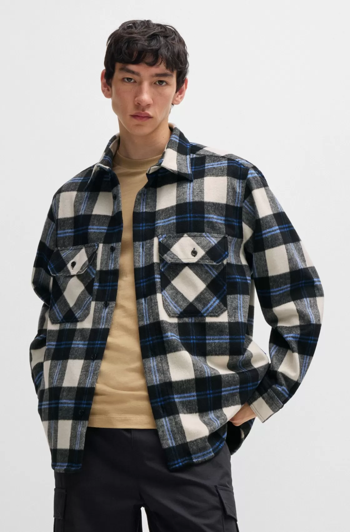 HUGO BOSS Oversize-fit Shirt In Checked Brushed Fabric White Clearance