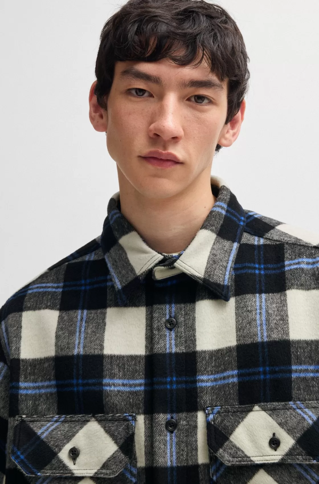 HUGO BOSS Oversize-fit Shirt In Checked Brushed Fabric White Clearance