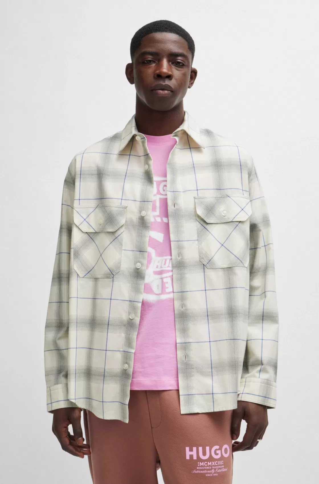 HUGO BOSS Oversize-fit Shirt In Checked Cotton Twill White Hot