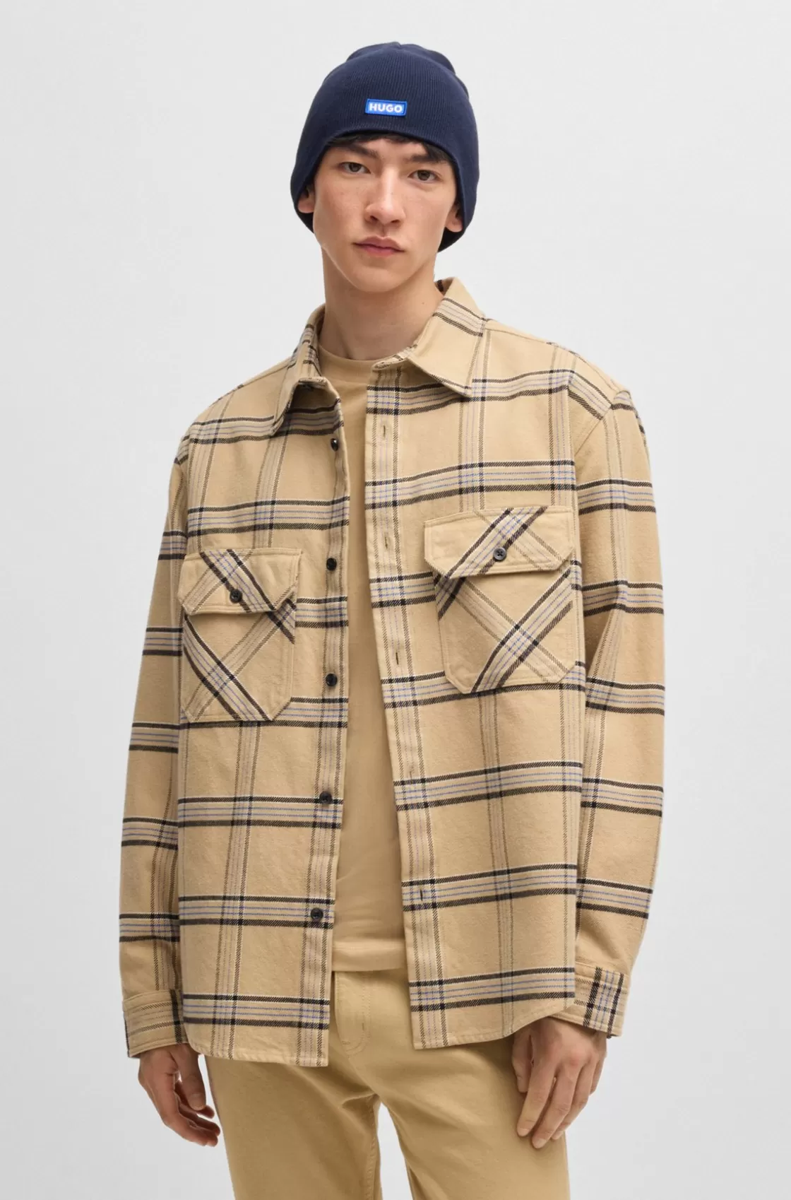 HUGO BOSS Oversize-fit Shirt In Checked Cotton Twill Beige Sale