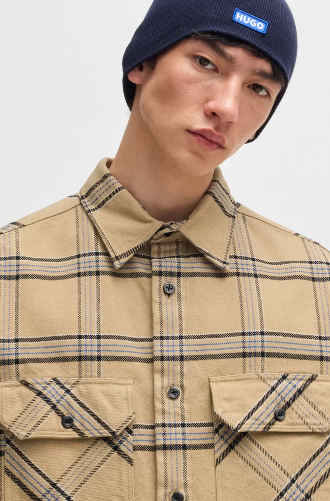 HUGO BOSS Oversize-fit Shirt In Checked Cotton Twill Beige Sale