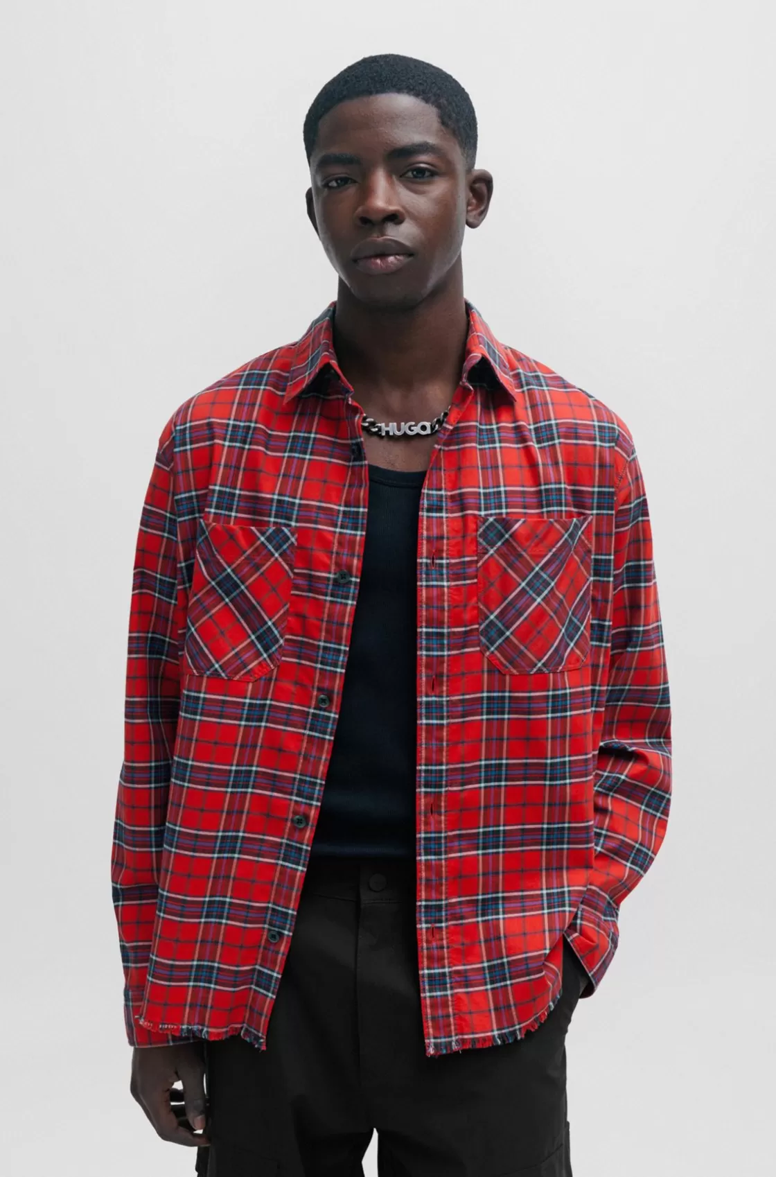 HUGO BOSS Oversize-fit Shirt In Checked Stretch Cotton light pink Hot