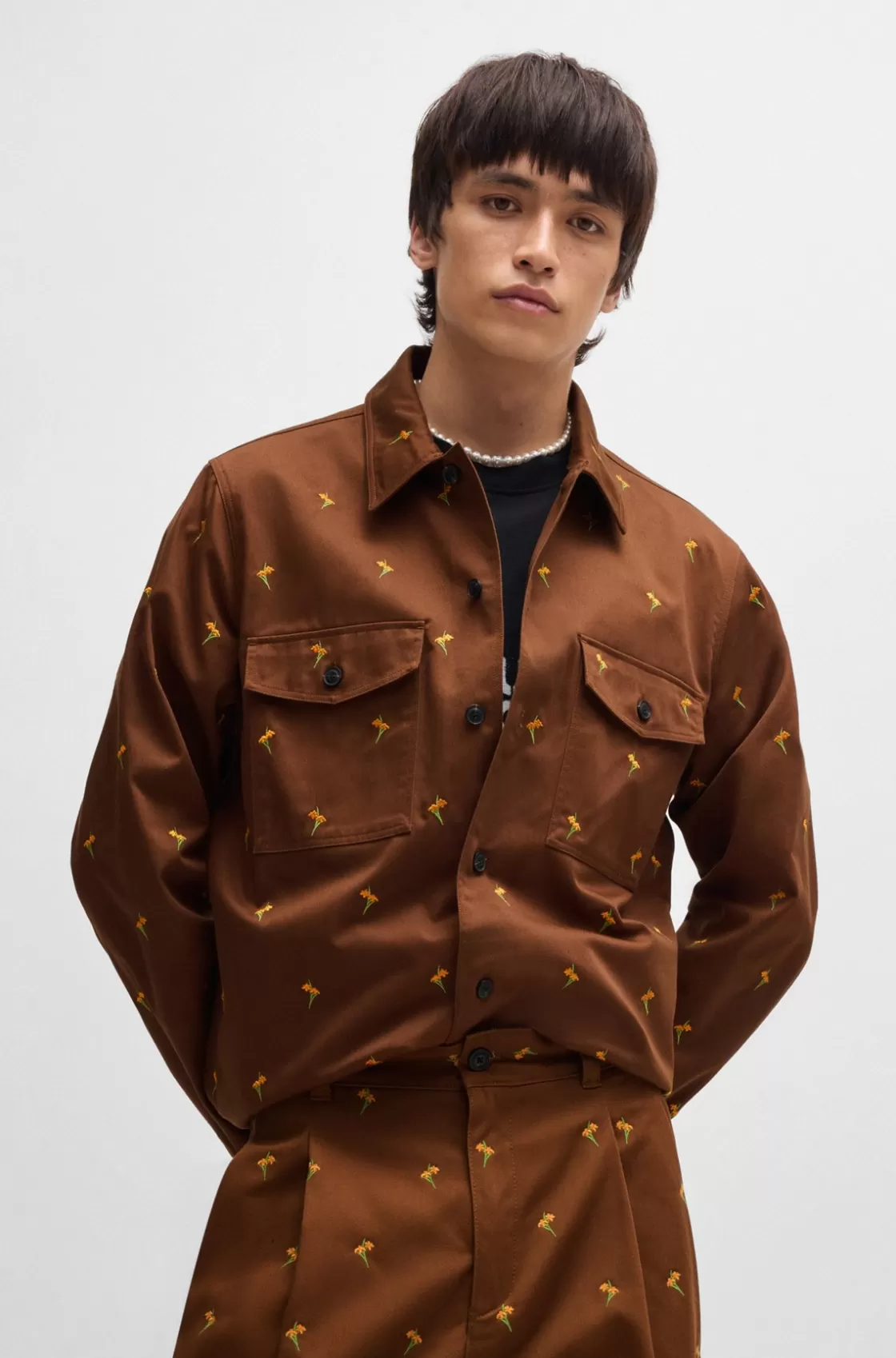 HUGO BOSS Oversize-fit Shirt In Floral-embroidered Twill Brown New
