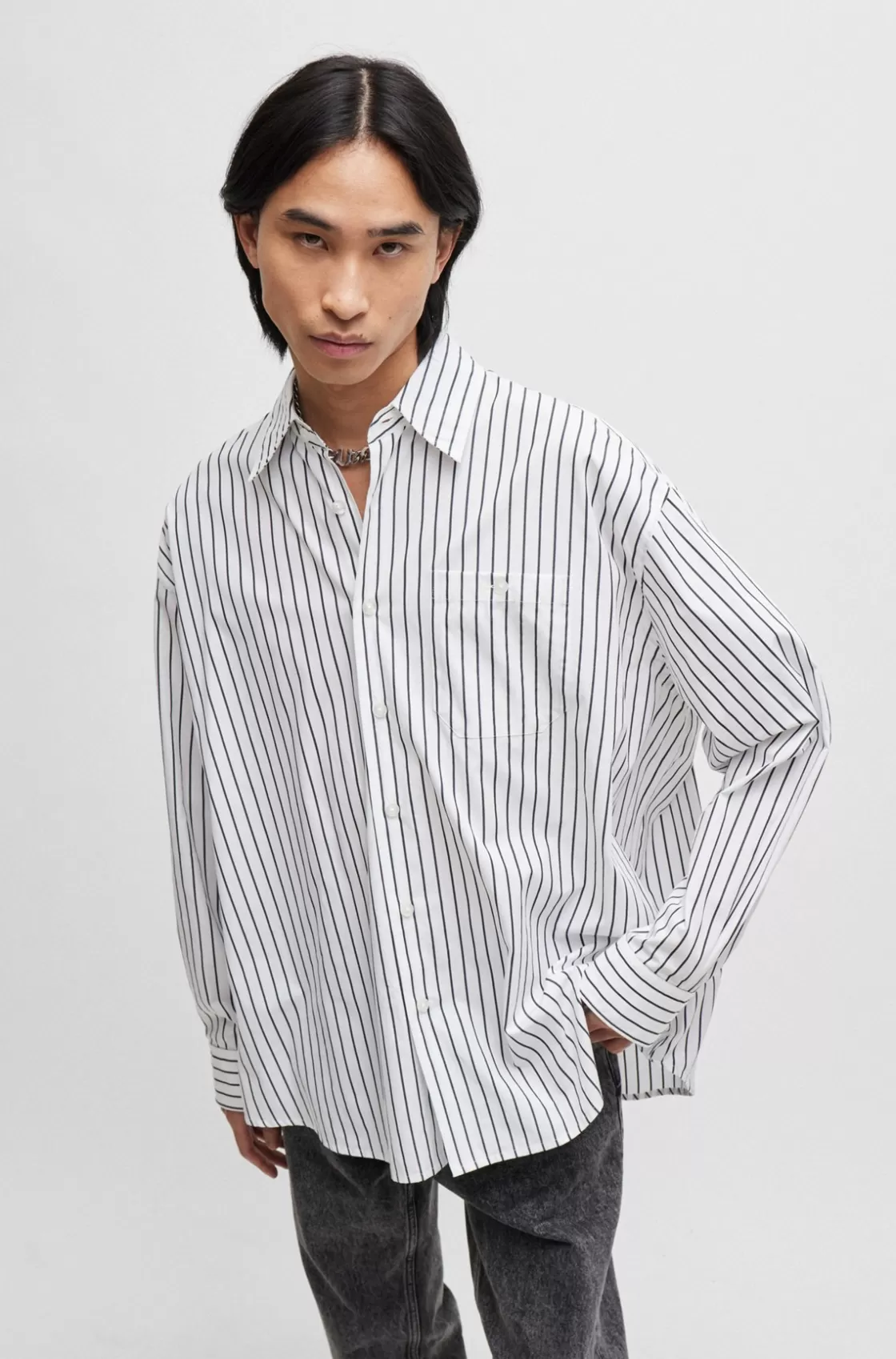 HUGO BOSS Oversize-fit Shirt In Striped Cotton Poplin White Best Sale