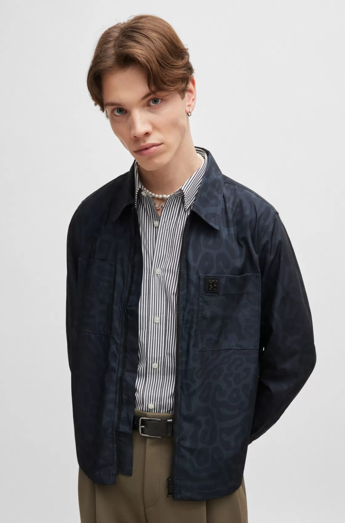HUGO BOSS Oversize-fit Shirt Jacket In Animal-print Canvas Black Online