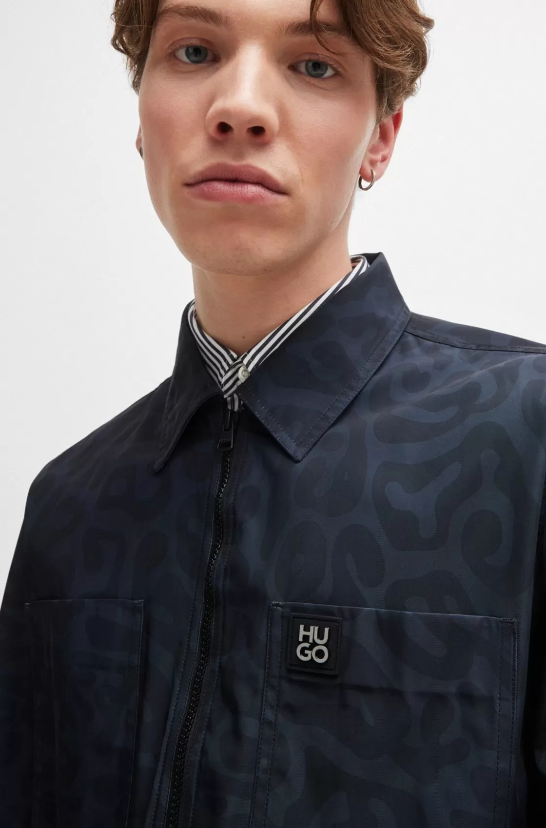 HUGO BOSS Oversize-fit Shirt Jacket In Animal-print Canvas Black Online