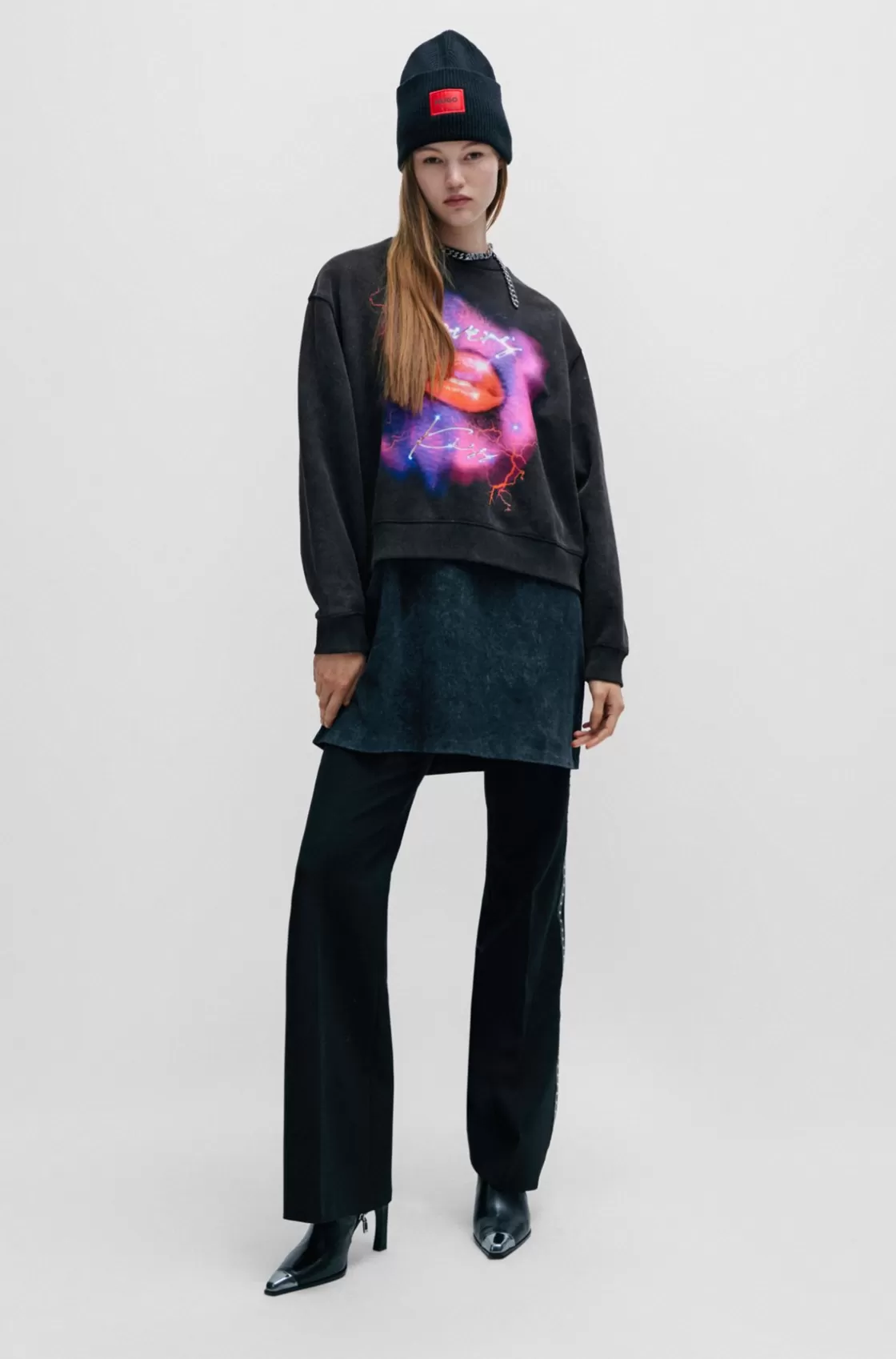 HUGO BOSS Oversize-fit Sweatshirt In French Terry With Seasonal Artwork Black Store
