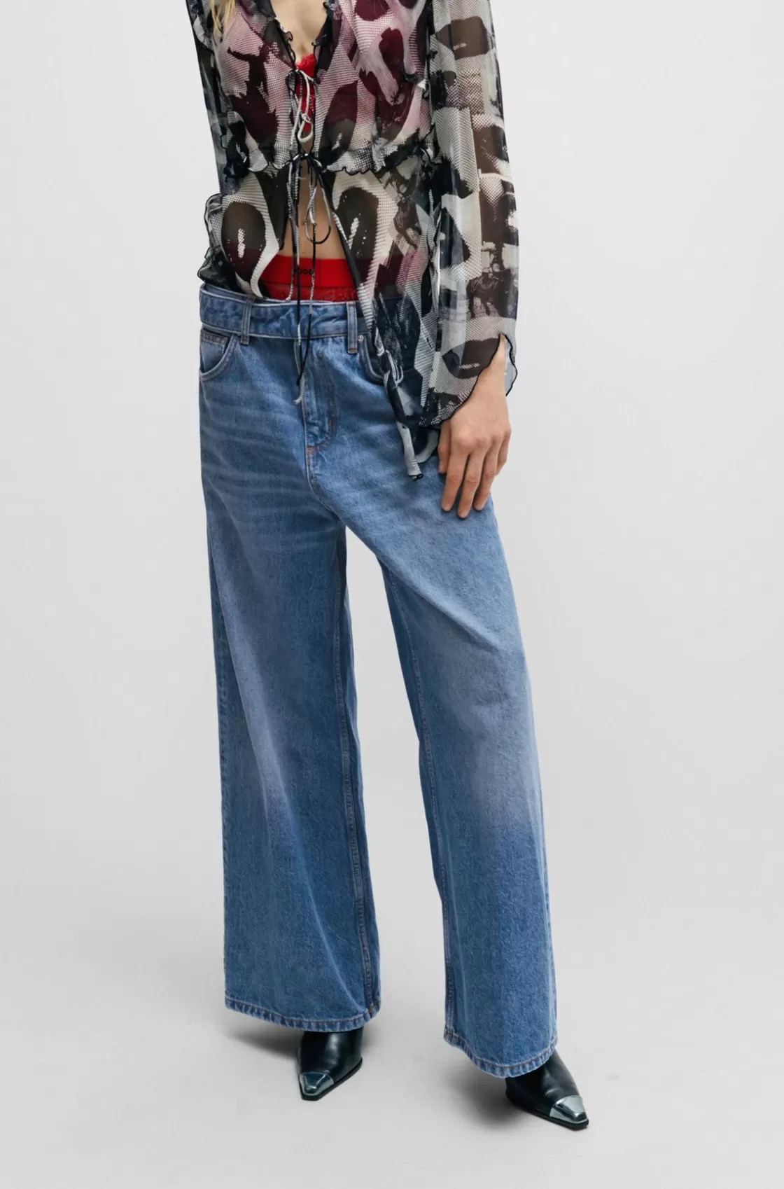HUGO BOSS Oversize-fit Wide-leg Jeans In Mid- Denim Blue Fashion