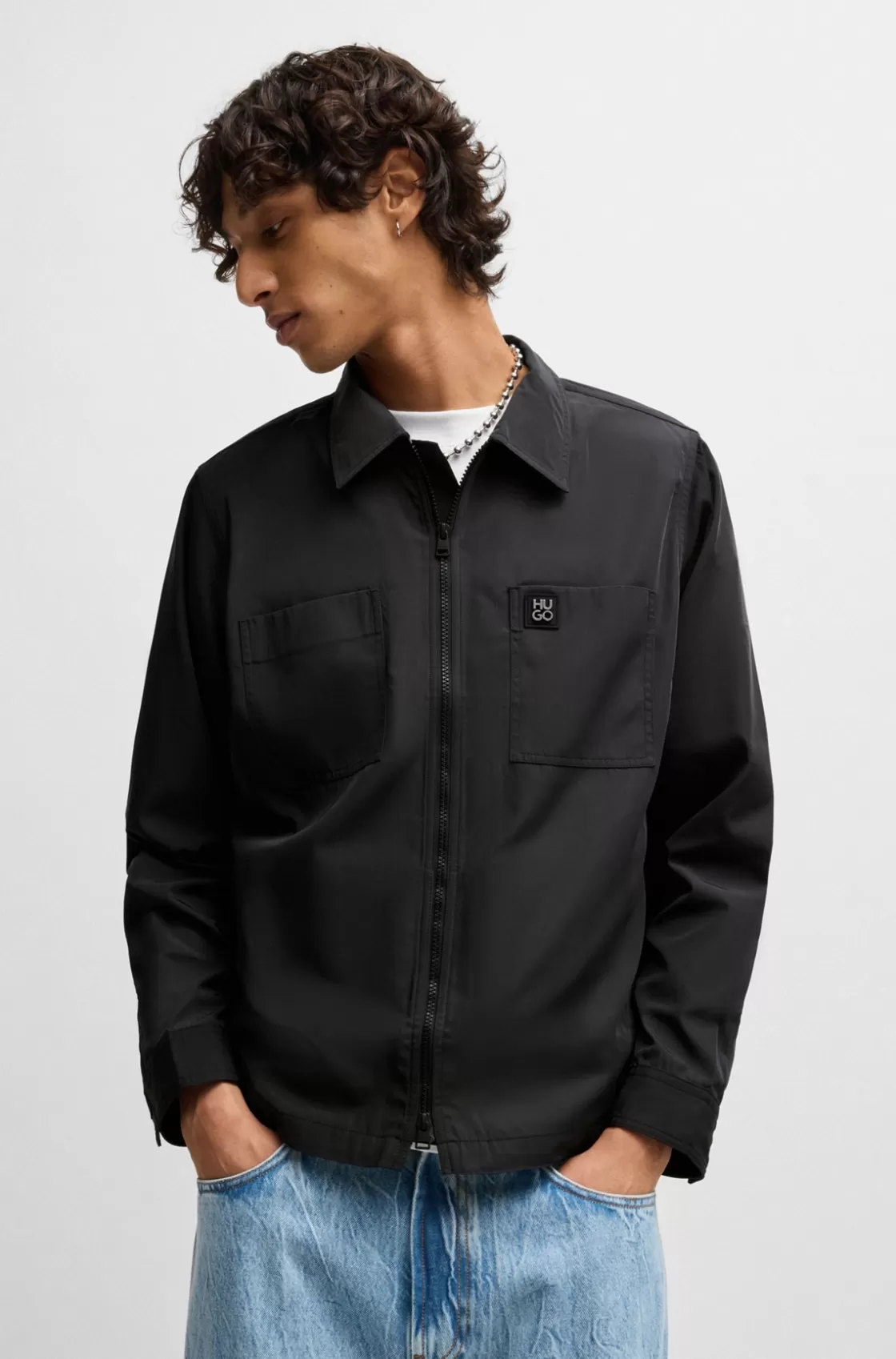 HUGO BOSS Oversize-fit Zip-up Shirt With Stacked Logo Trim Black Discount