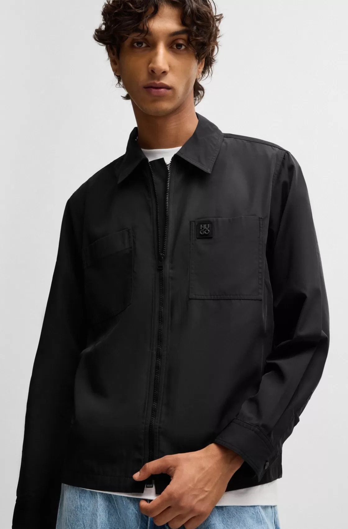 HUGO BOSS Oversize-fit Zip-up Shirt With Stacked Logo Trim Black Discount