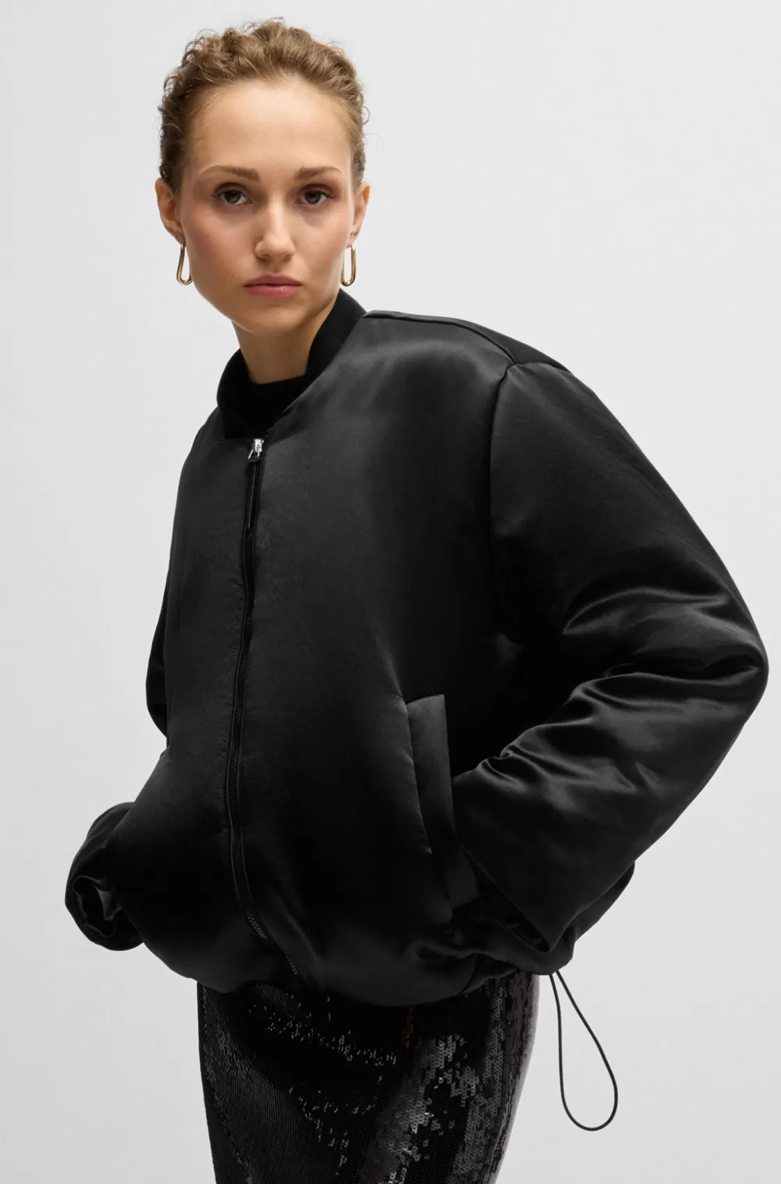 HUGO BOSS Padded Bomber Jacket In Satin Black Outlet