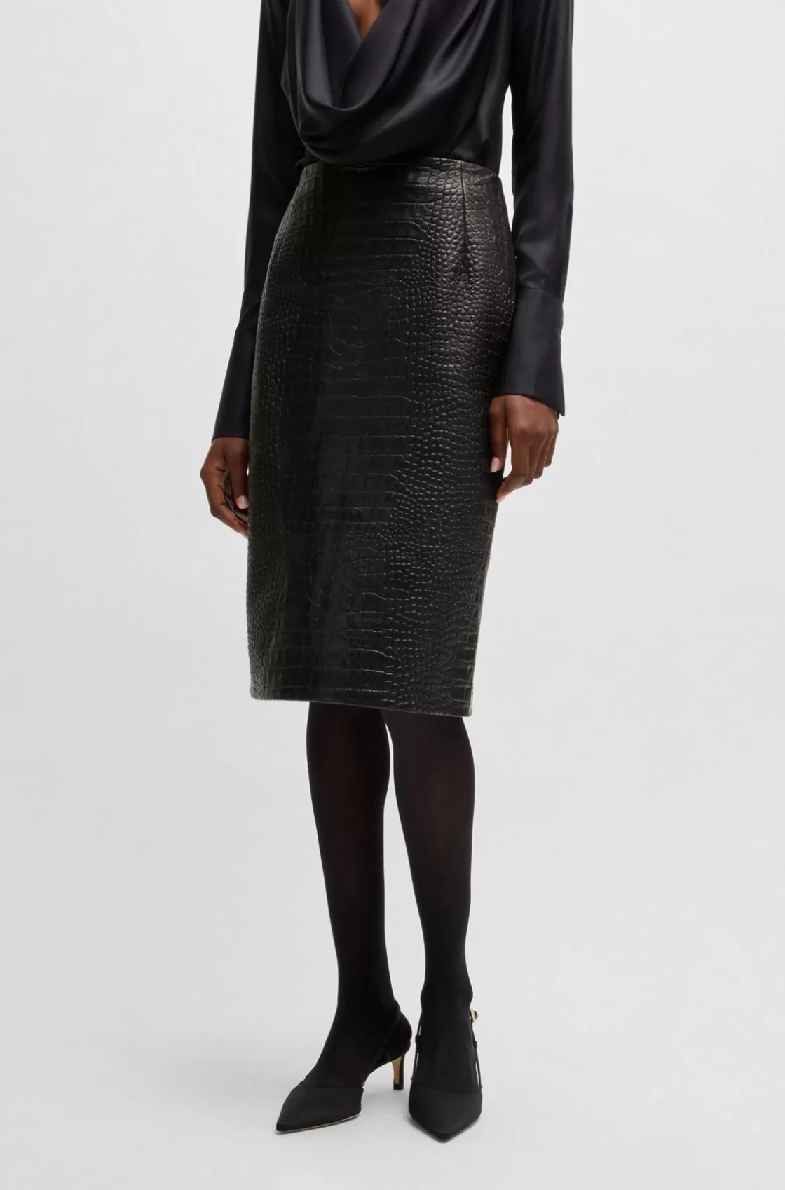 HUGO BOSS Pencil Skirt In Crocodile-embossed Leather Black Hot