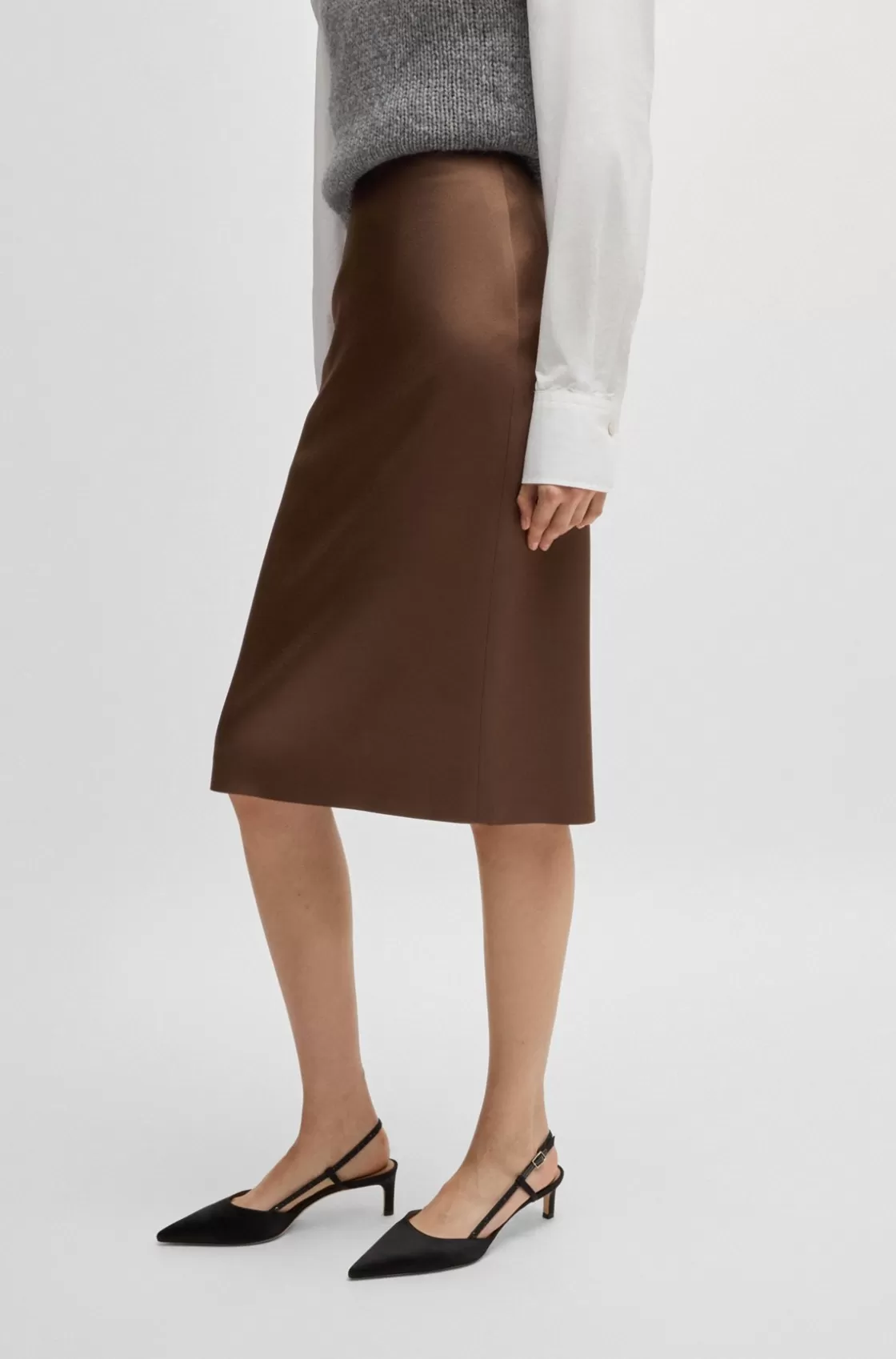 HUGO BOSS Pencil Skirt In Lustrous Fabric Brown Fashion