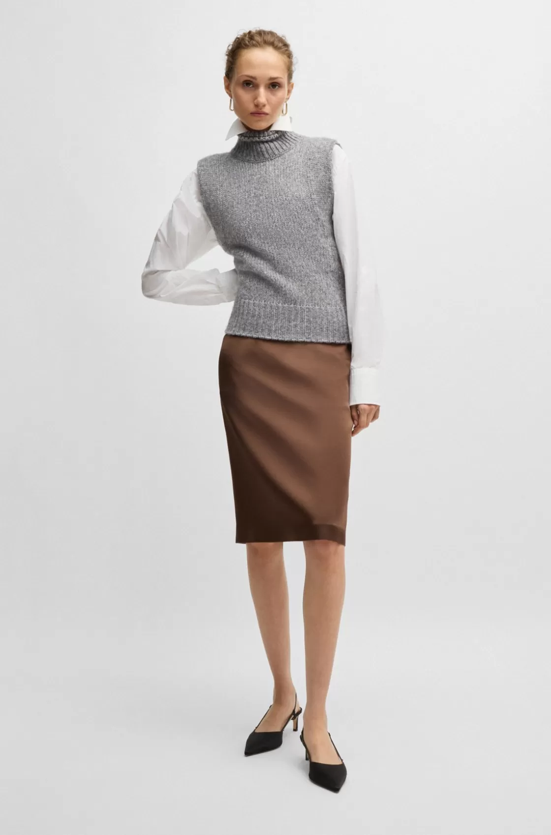 HUGO BOSS Pencil Skirt In Lustrous Fabric Brown Fashion