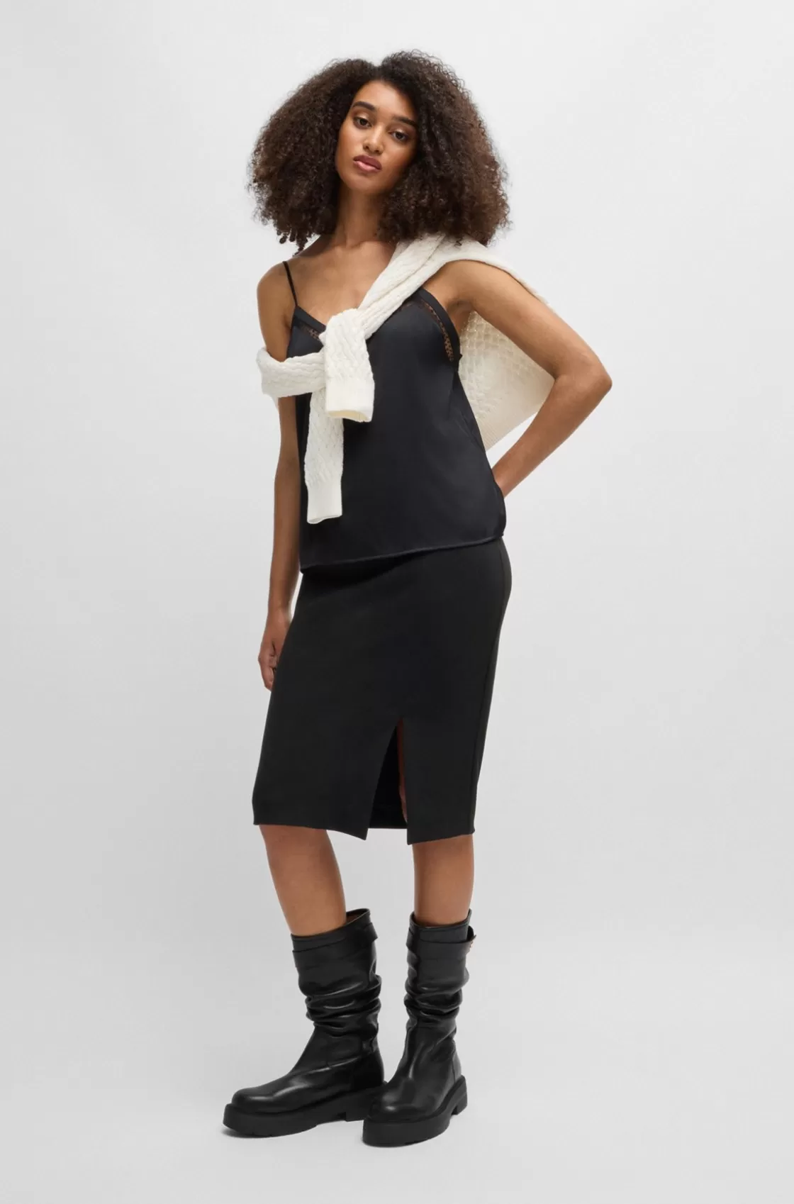 HUGO BOSS Pencil Skirt In Stretch Fabric With Front Slit Black Best Sale