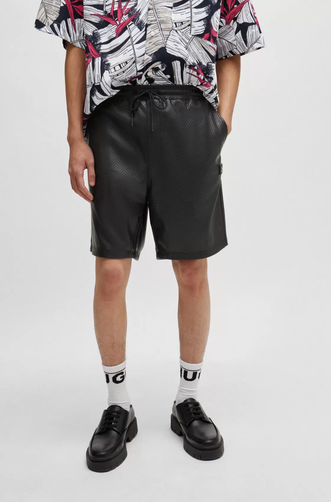 HUGO BOSS Perforated Faux-leather Shorts With Stacked Logo Black Clearance