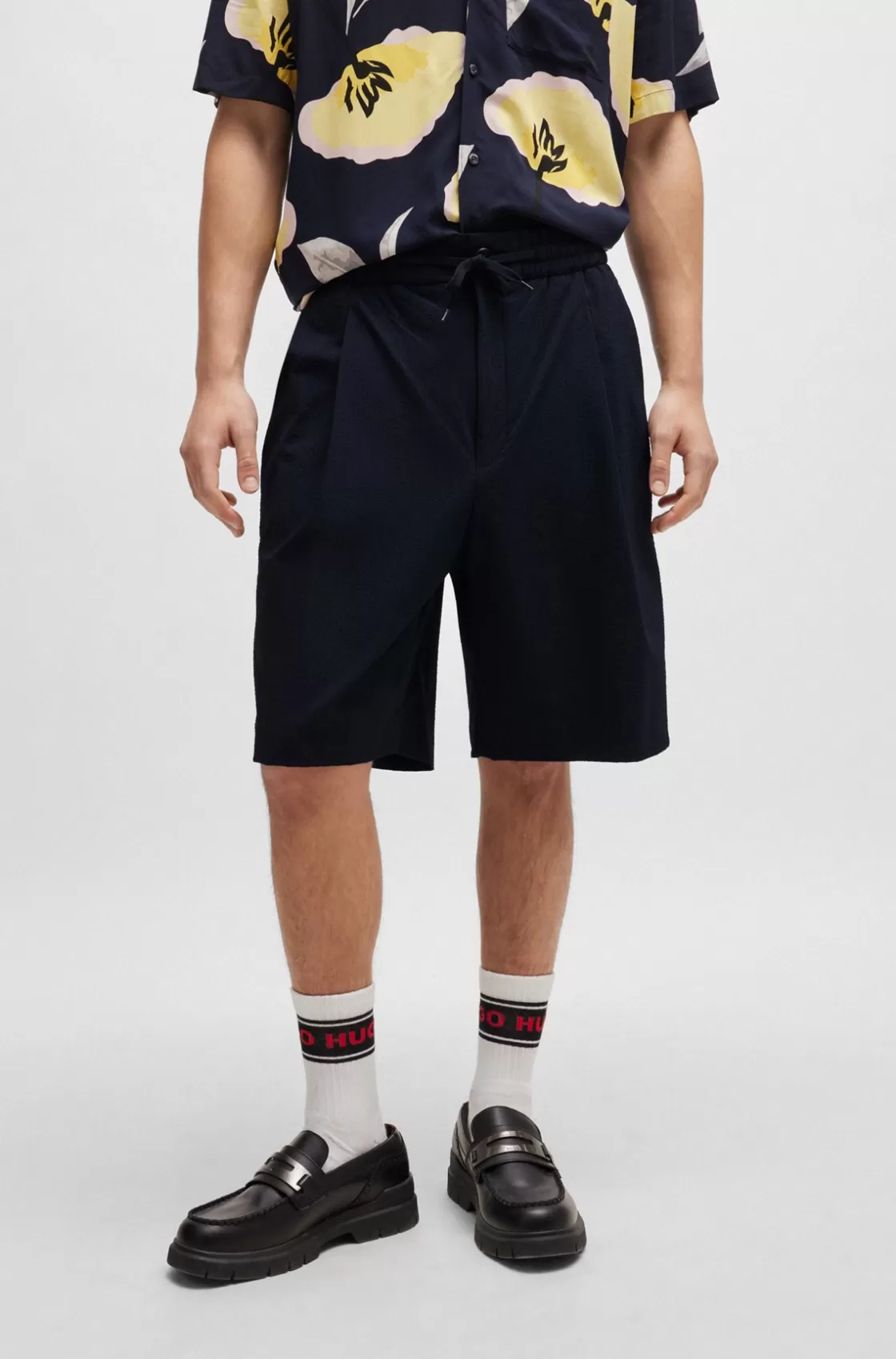 HUGO BOSS Performance-stretch Seersucker Shorts With Drawstring Waist Dark Blue Hot