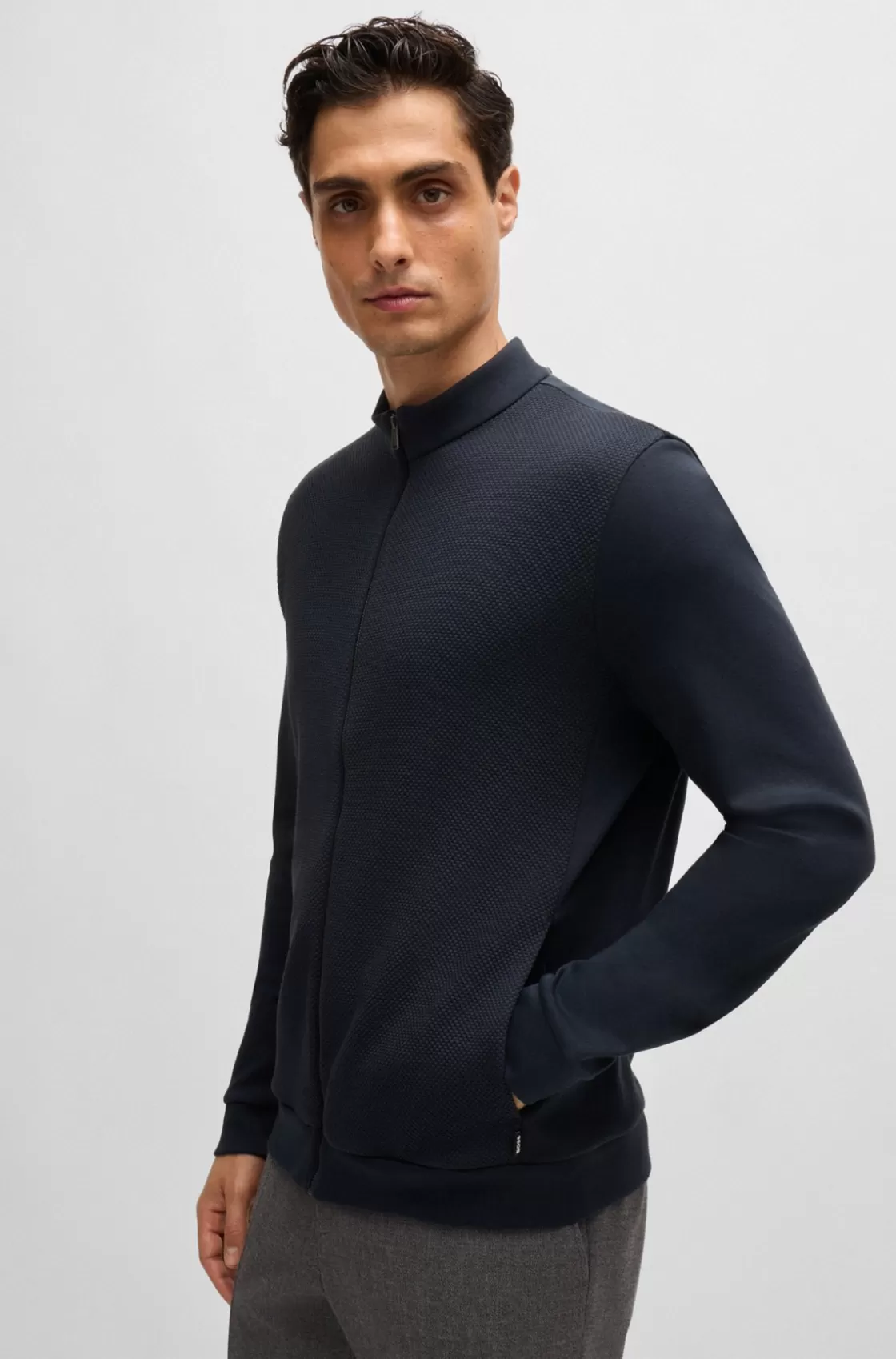 HUGO BOSS Pima-cotton Zip-up Sweatshirt With Structured Front Dark Blue Best Sale