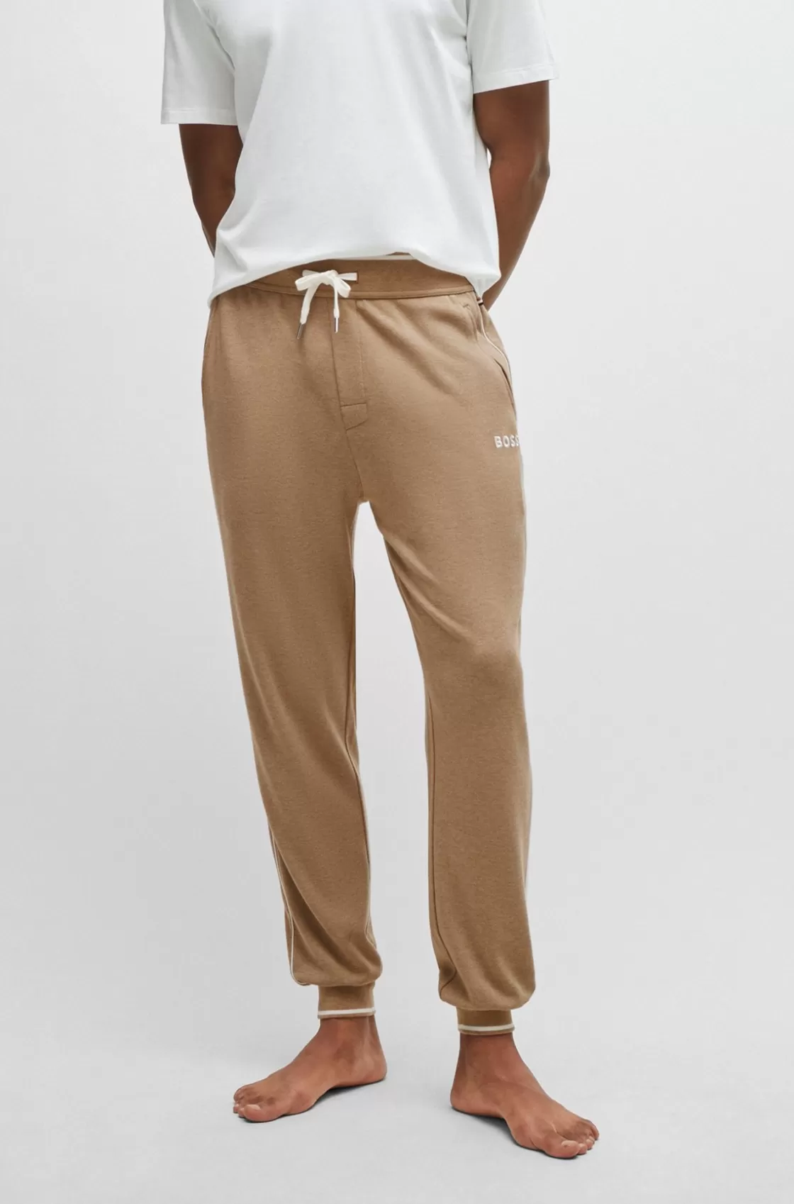 HUGO BOSS Piped Tracksuit Bottoms With Embroidered Logo And Drawstring Waist Beige Store