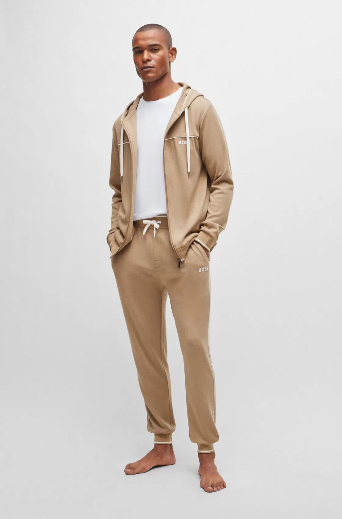 HUGO BOSS Piped Tracksuit Bottoms With Embroidered Logo And Drawstring Waist Beige Store