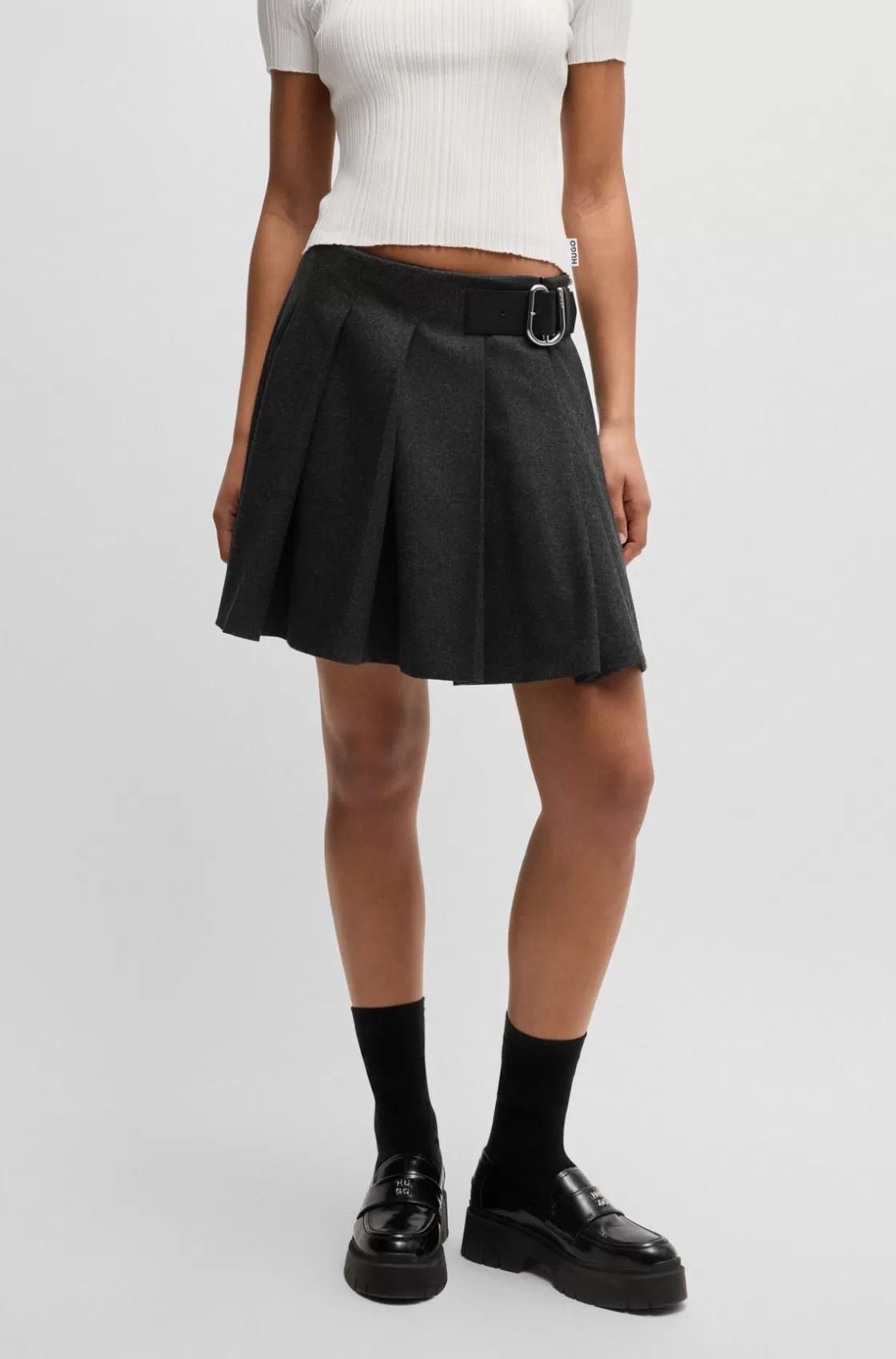 HUGO BOSS Pleated Mini Skirt In Melange Fabric With Branded Buckle Dark Grey Flash Sale