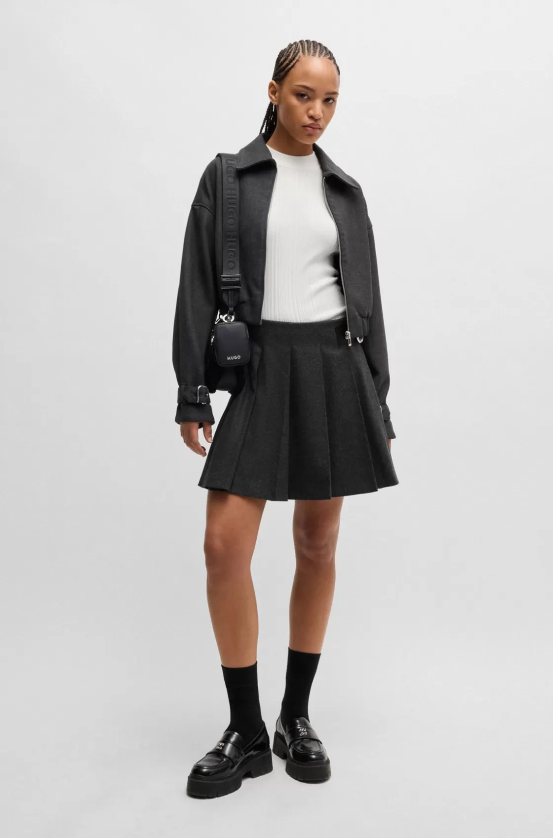 HUGO BOSS Pleated Mini Skirt In Melange Fabric With Branded Buckle Dark Grey Flash Sale