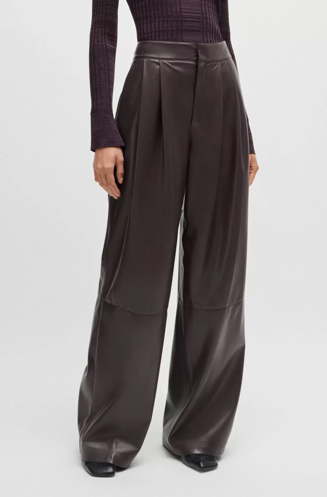 HUGO BOSS Pleat-front Relaxed-fit Trousers In Faux Leather Light Red Outlet