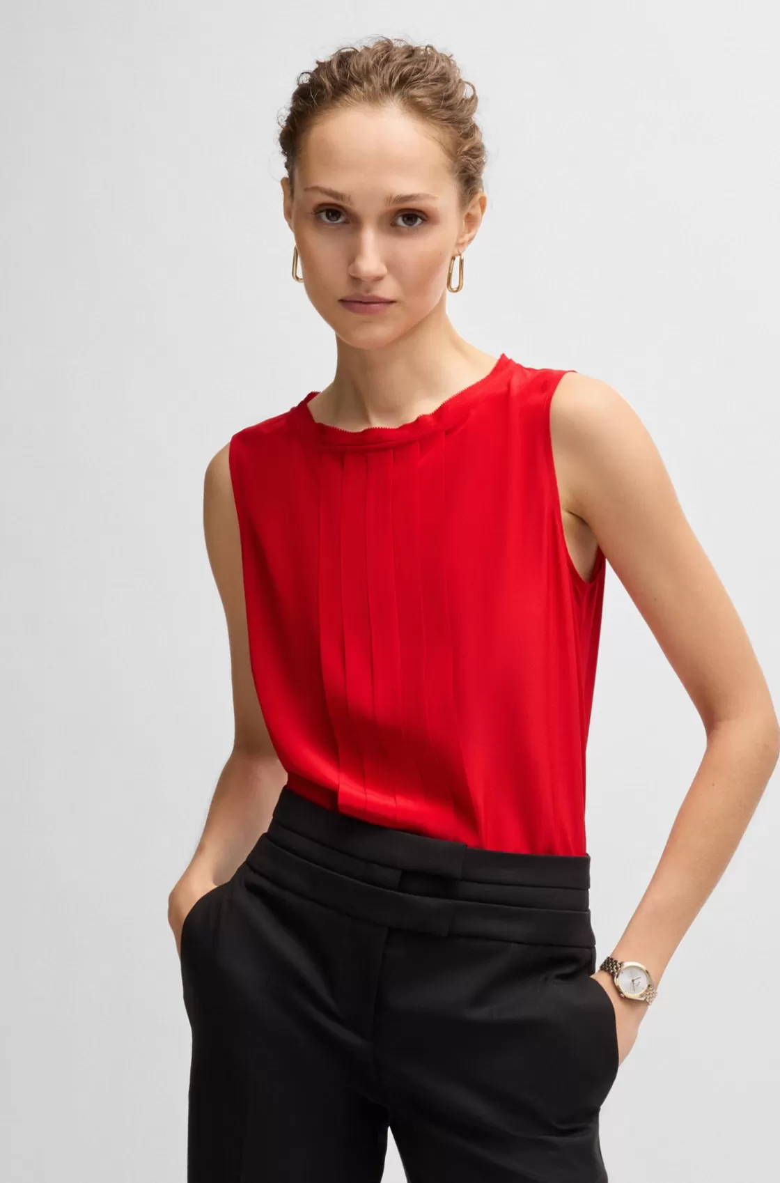 HUGO BOSS Pleat-front Sleeveless Blouse In Washed Silk Red Hot