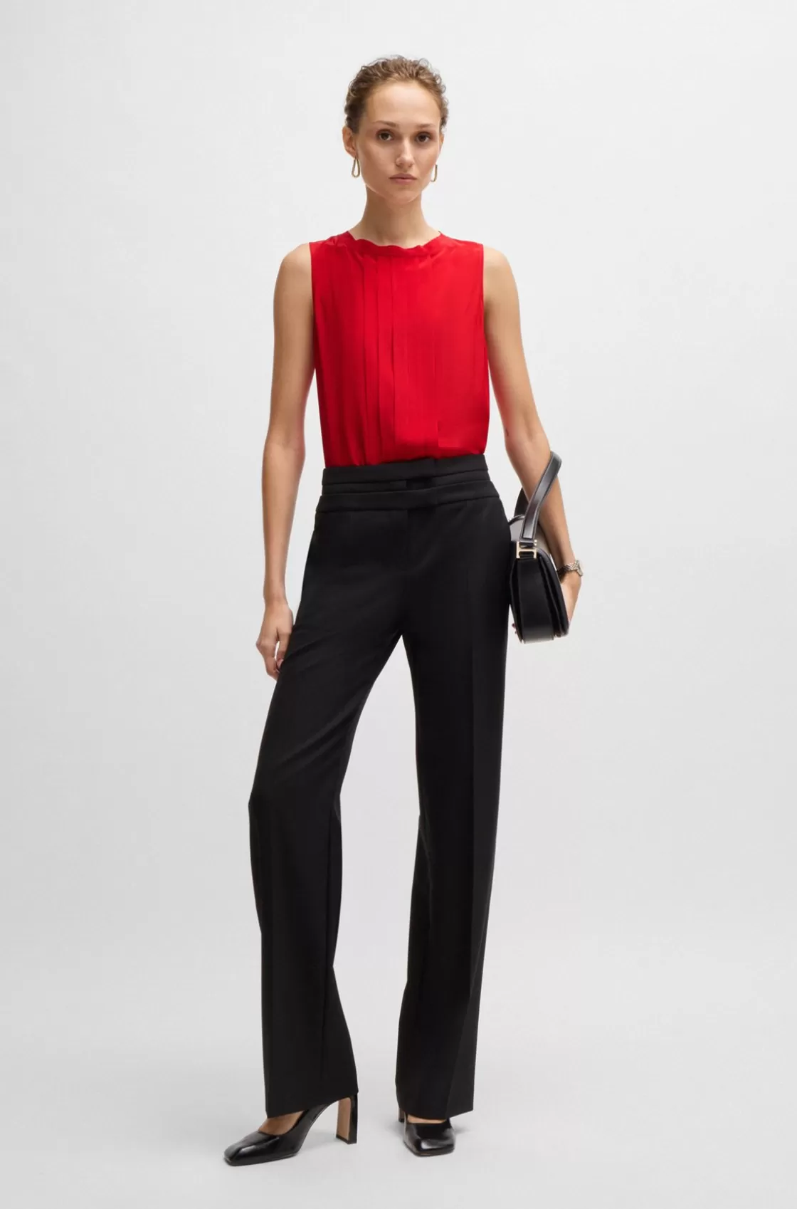 HUGO BOSS Pleat-front Sleeveless Blouse In Washed Silk Red Hot