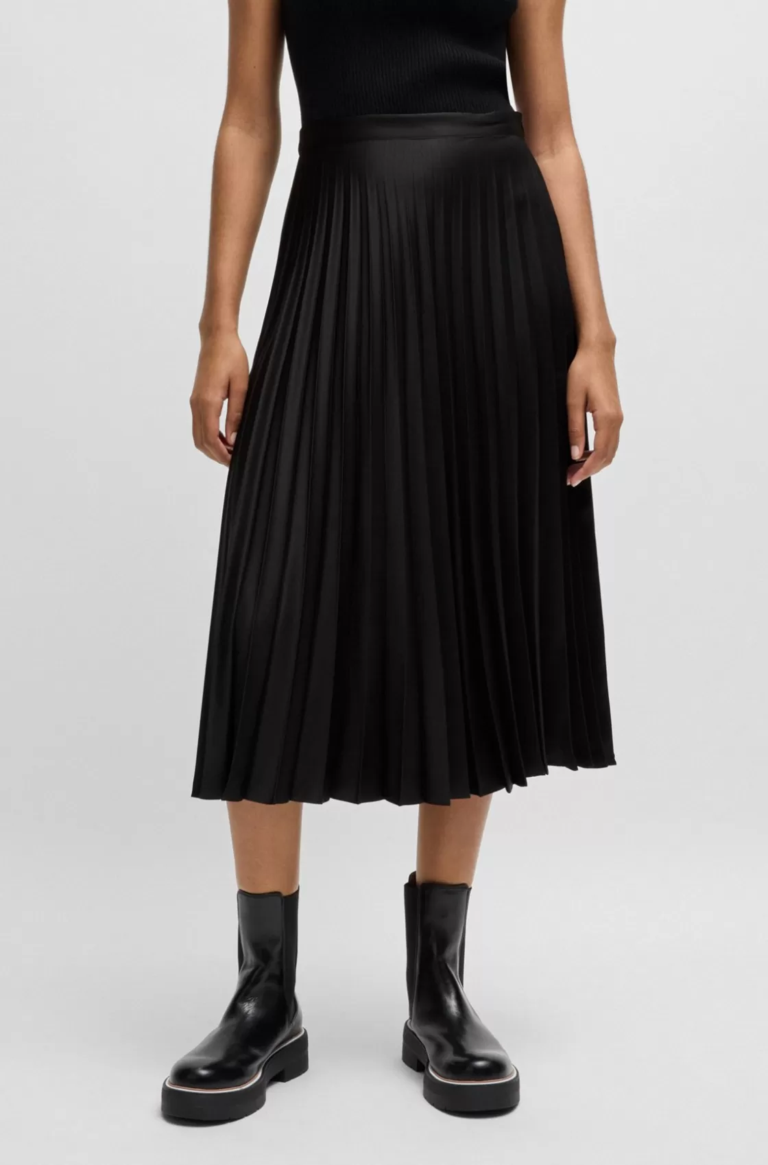 HUGO BOSS Plissé Maxi Skirt In Satin Twill Black Store