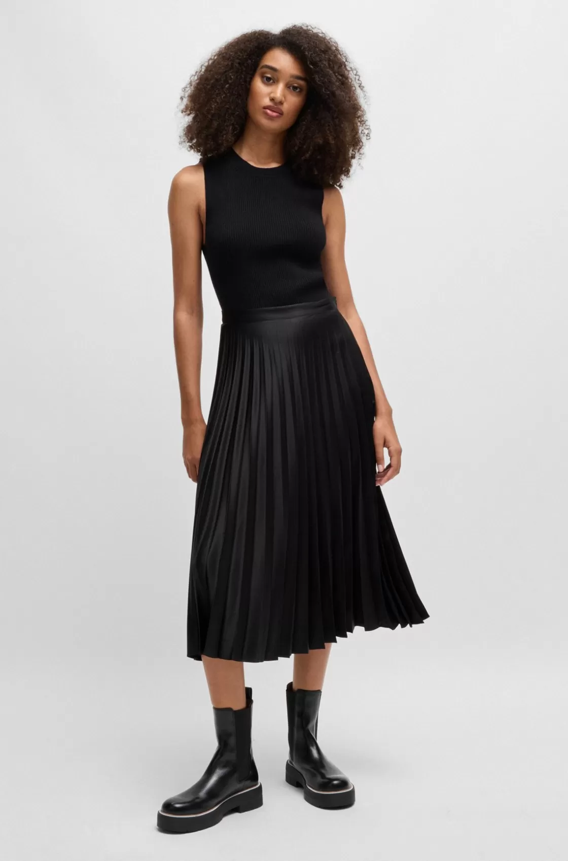HUGO BOSS Plissé Maxi Skirt In Satin Twill Black Store