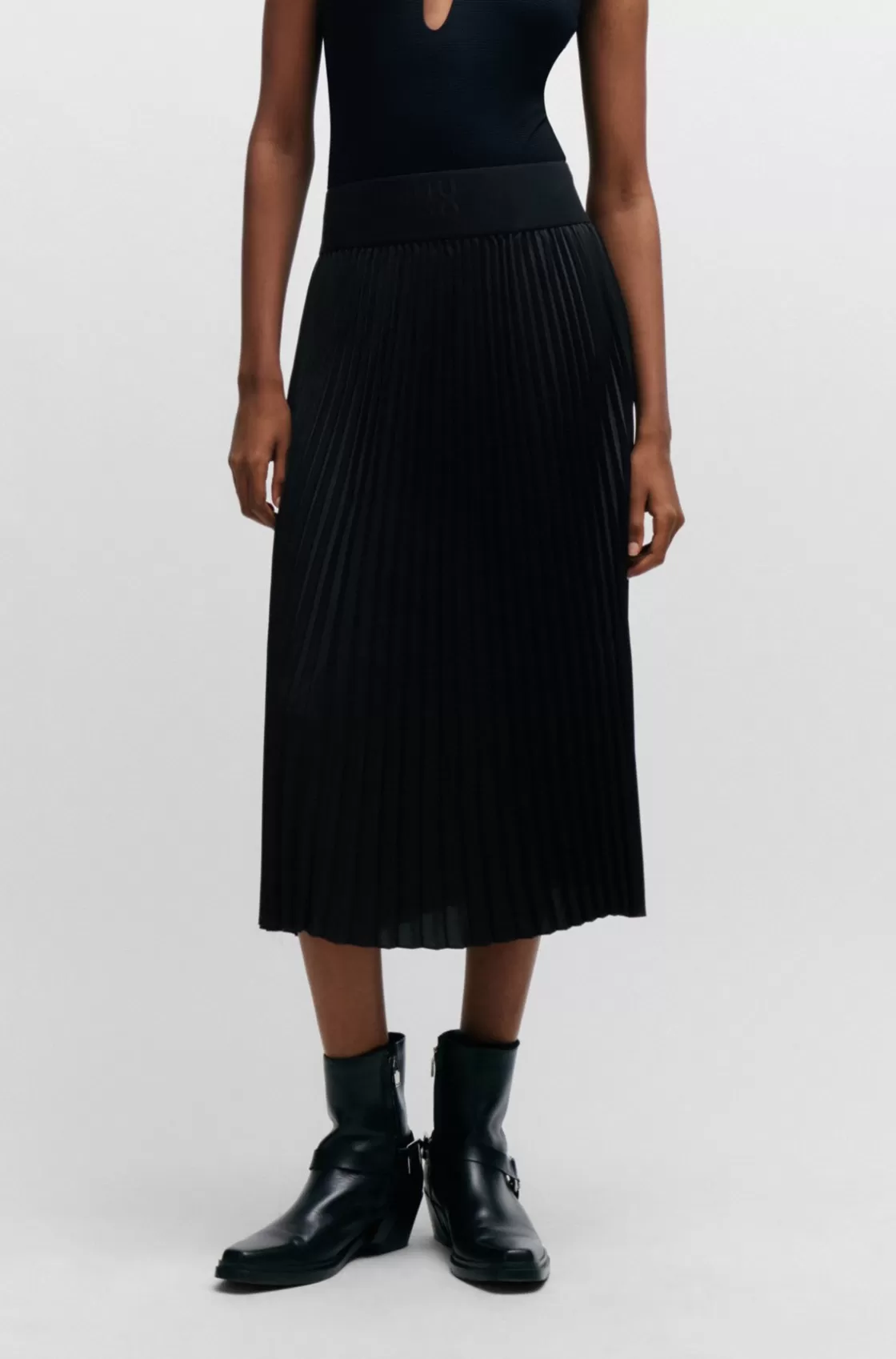 HUGO BOSS Plissé Pleated Midi Skirt With Stacked-logo Waistband Black Cheap