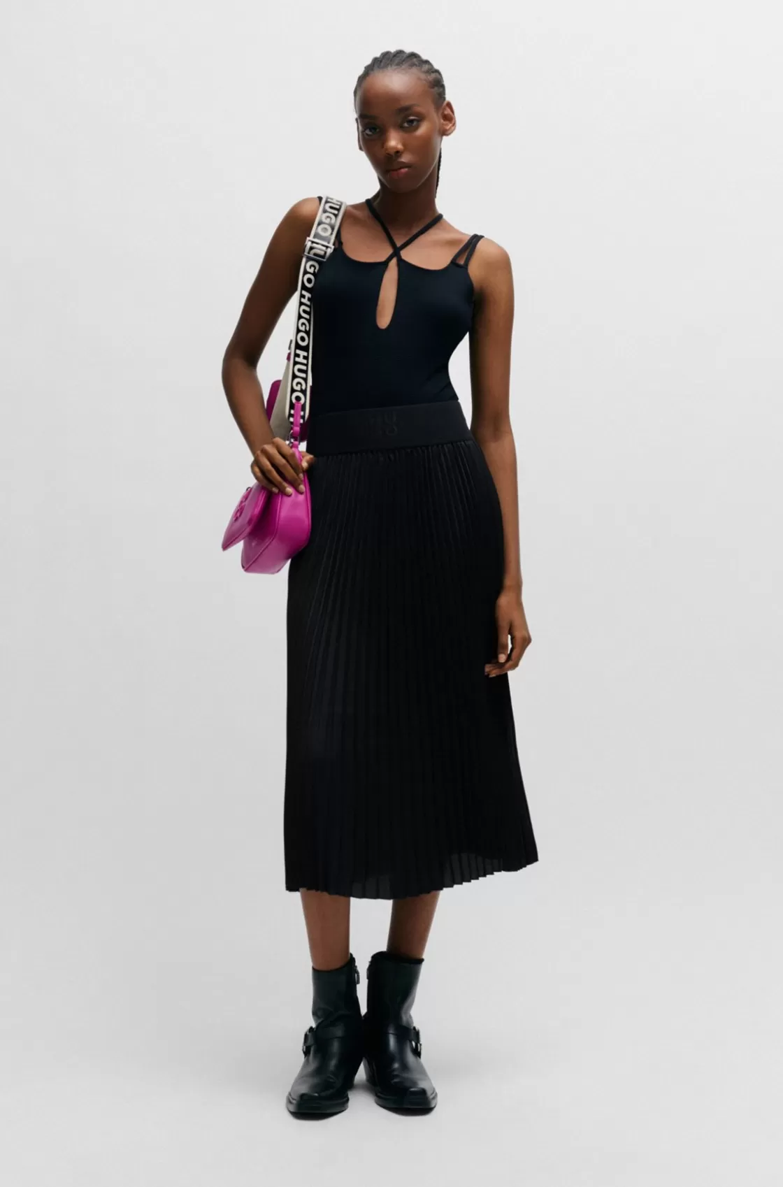HUGO BOSS Plissé Pleated Midi Skirt With Stacked-logo Waistband Black Cheap