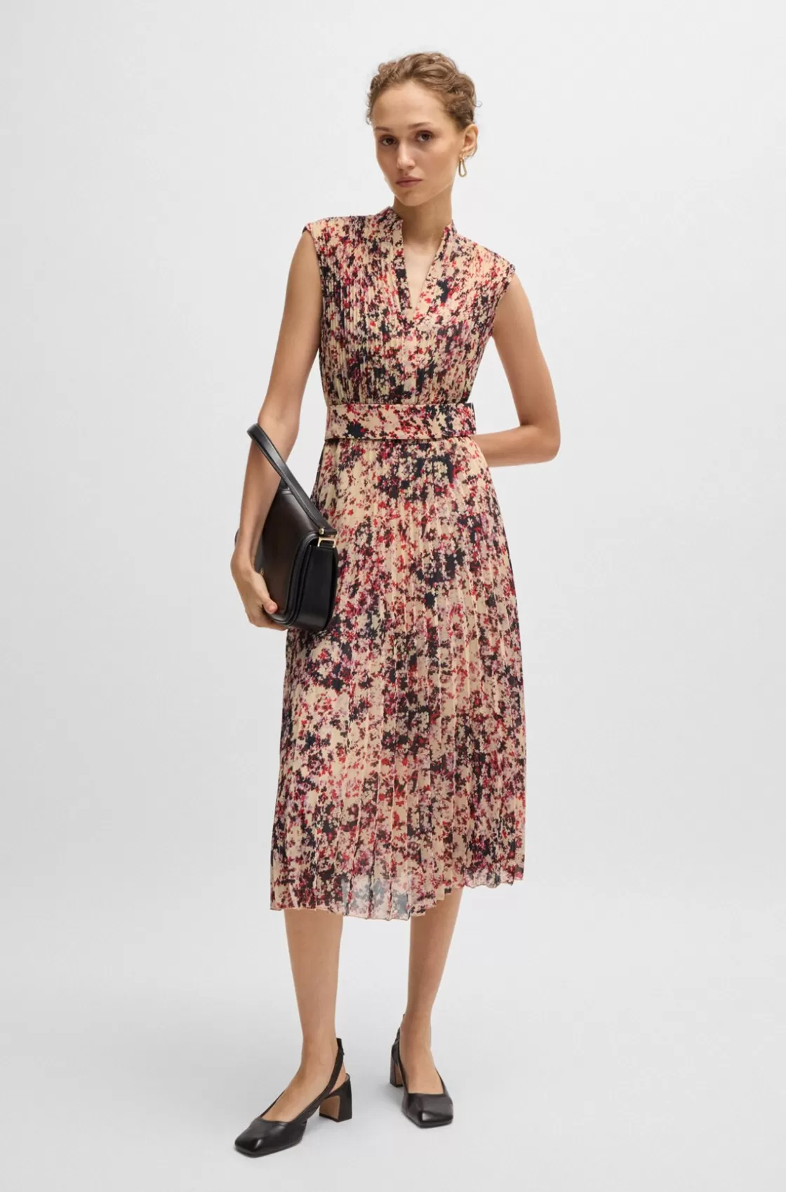 HUGO BOSS Plissé-crepe Dress With Floral Print Patterned Sale